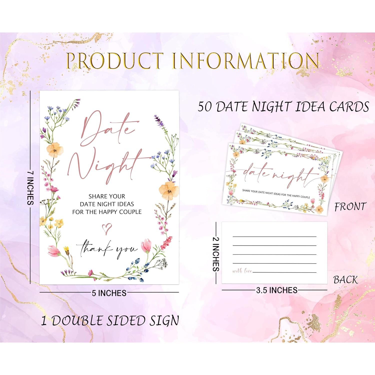 Wildflowers Date Night Game, Date Night Ideas Sign With 50 Cards, Bridal Shower Game, Boho Bridal Shower Decorations, Wedding Date Night Advice - 07