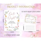 Wildflowers Date Night Game, Date Night Ideas Sign With 50 Cards, Bridal Shower Game, Boho Bridal Shower Decorations, Wedding Date Night Advice - 07