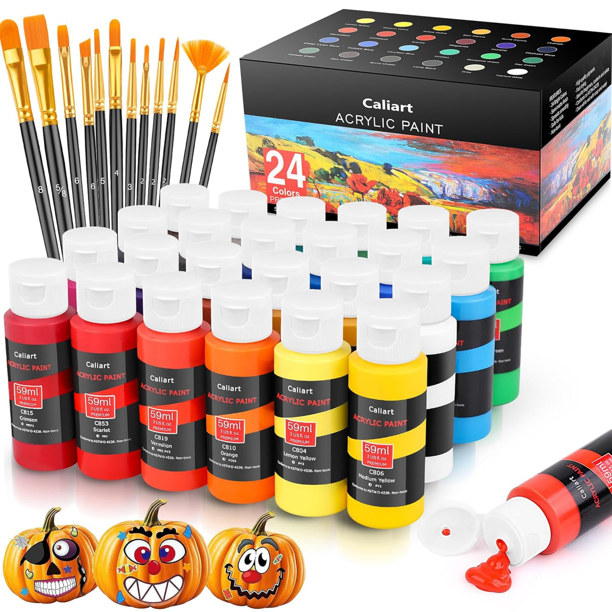 24 Colors Acrylic Paint Set With 12 Brushes, Art Craft Paints Gifts Trendy Stuff For Adults Artists, Halloween Pumpkin Canvas Ceramic Rock Eggs Painting Kit Art Supplies
