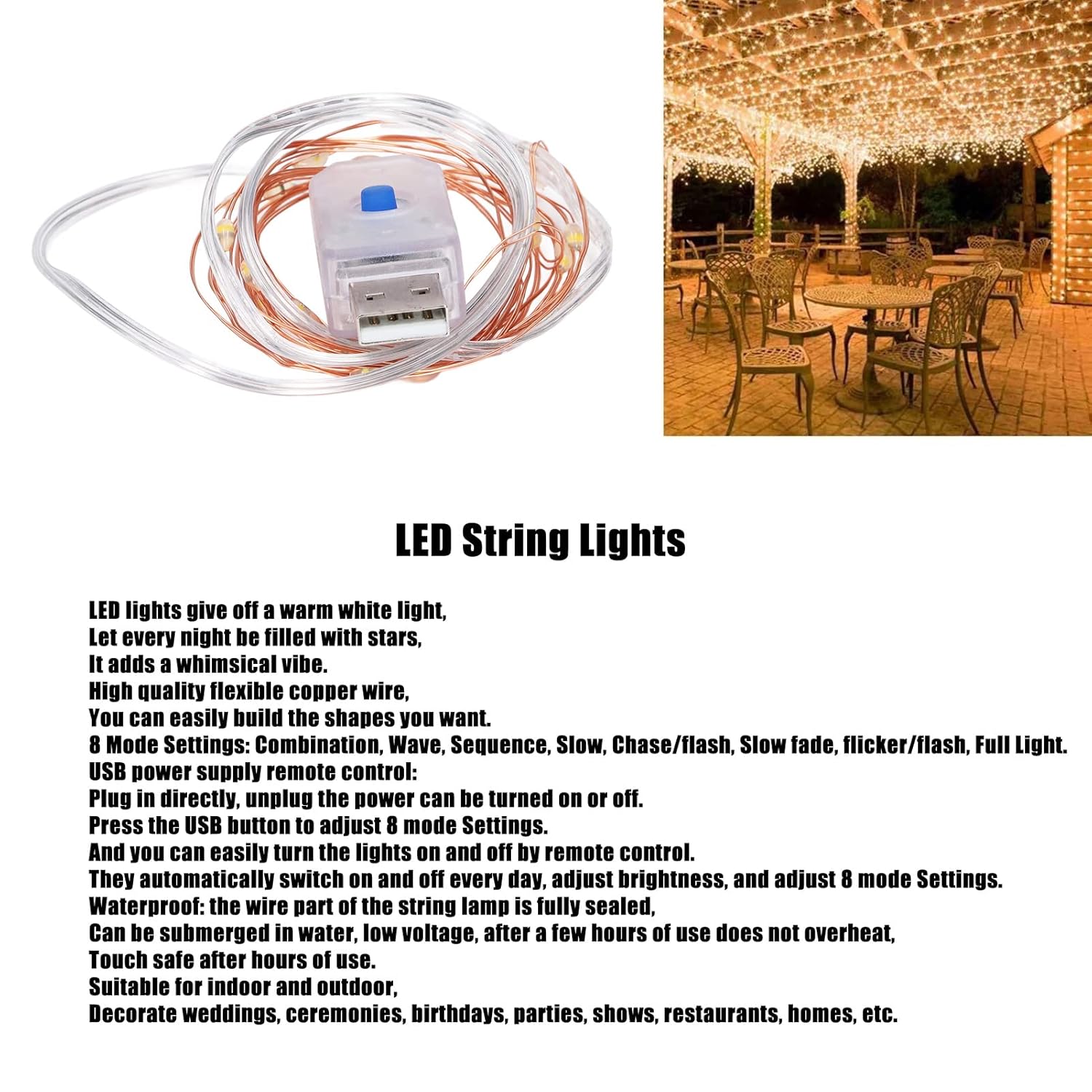 Usb Powered String Lamp, Copper Wire Waterproof Adjustable Brightness Led String Lights With Remote Control For Indoor F