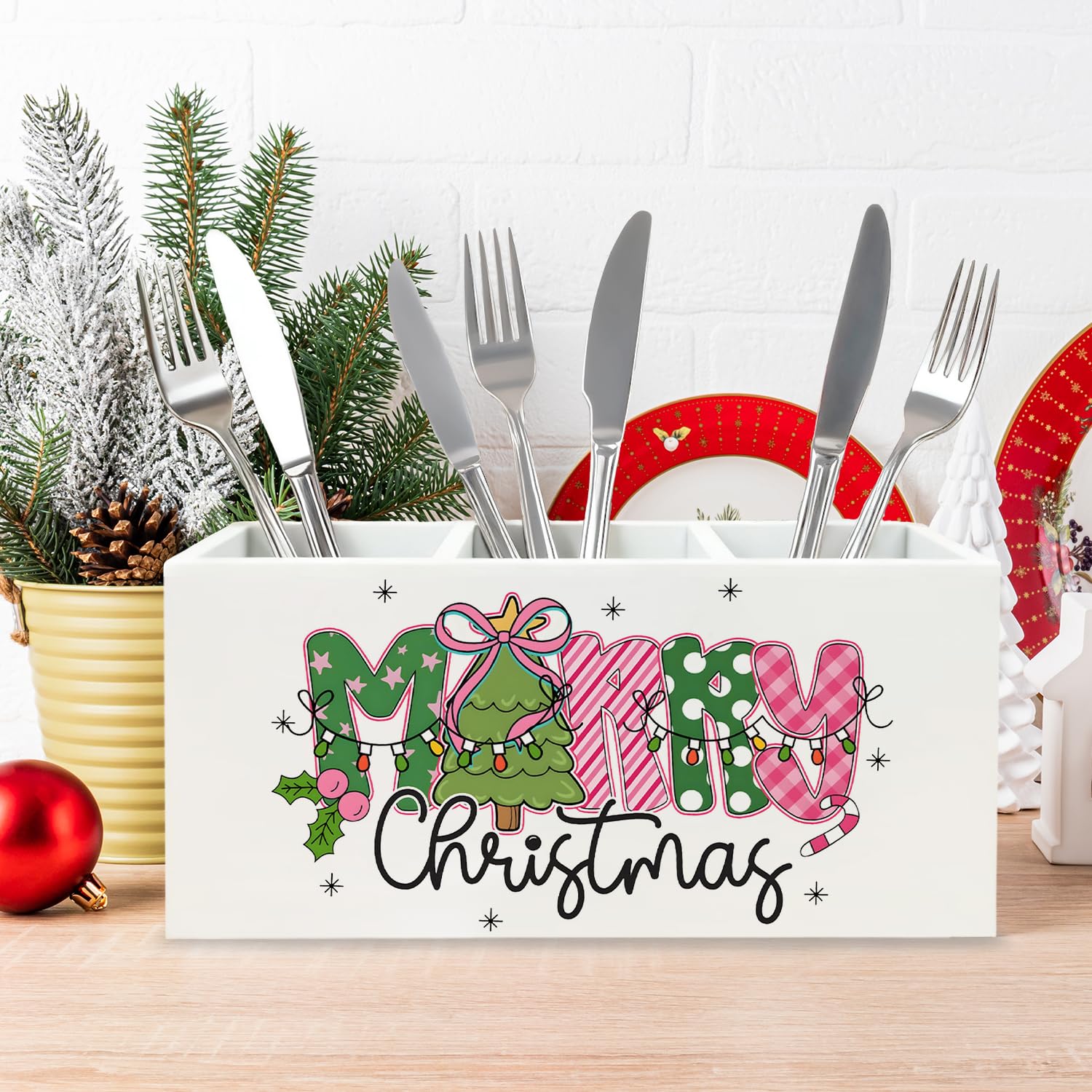 Merry Christmas Kitchen Utensil Holder, Trendy Preppy Xmas Tree Lights Cooking Utensil Holder Wooden Storage Organizer Box For Kitchen Counter, Pink And Green Christmas Decor