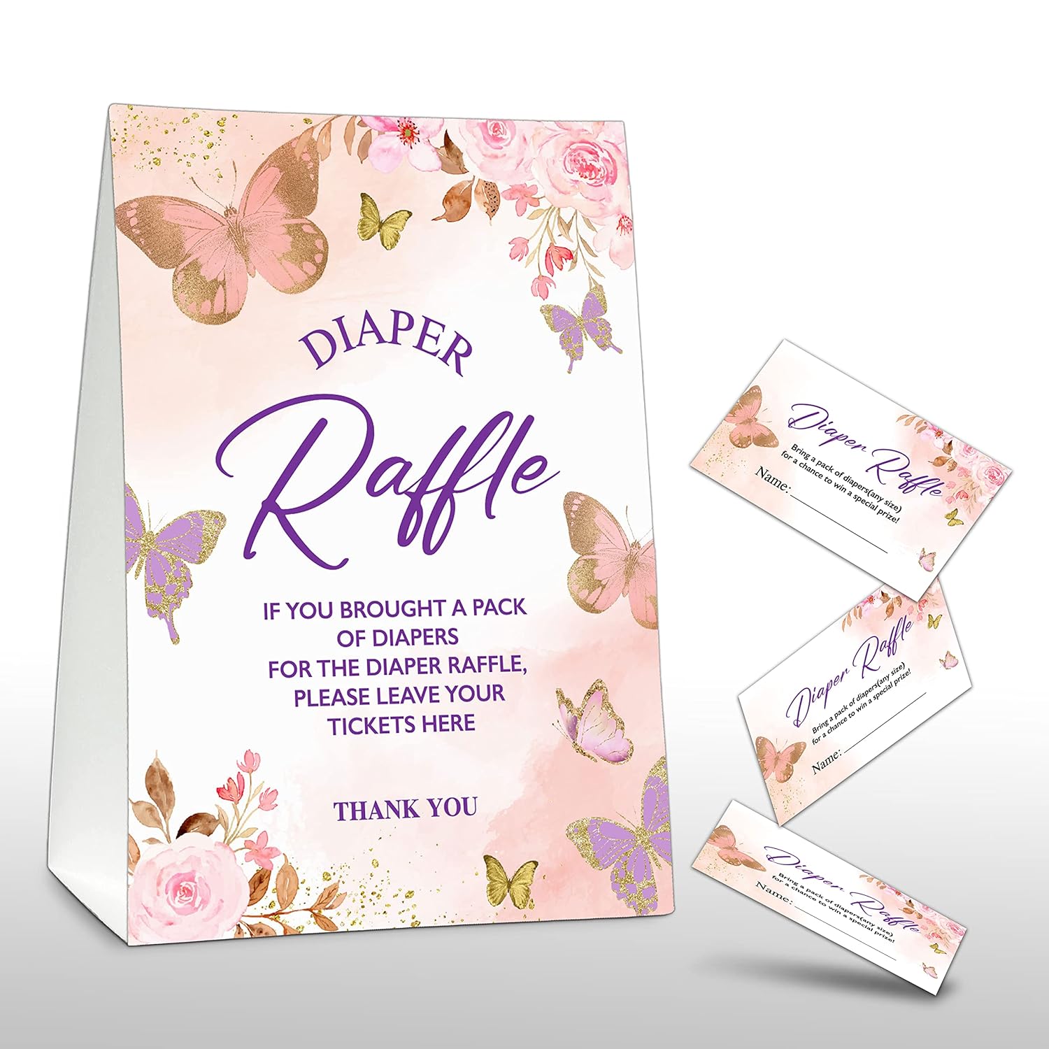 Diaper Raffle Party Games, Butterfly Baby Shower Game, Blush Pink Floral Themed Baby Gender Reveal Party Supplies & Activities -1 Double Sided Standing Sign + 50 Guessing Cards (A04)