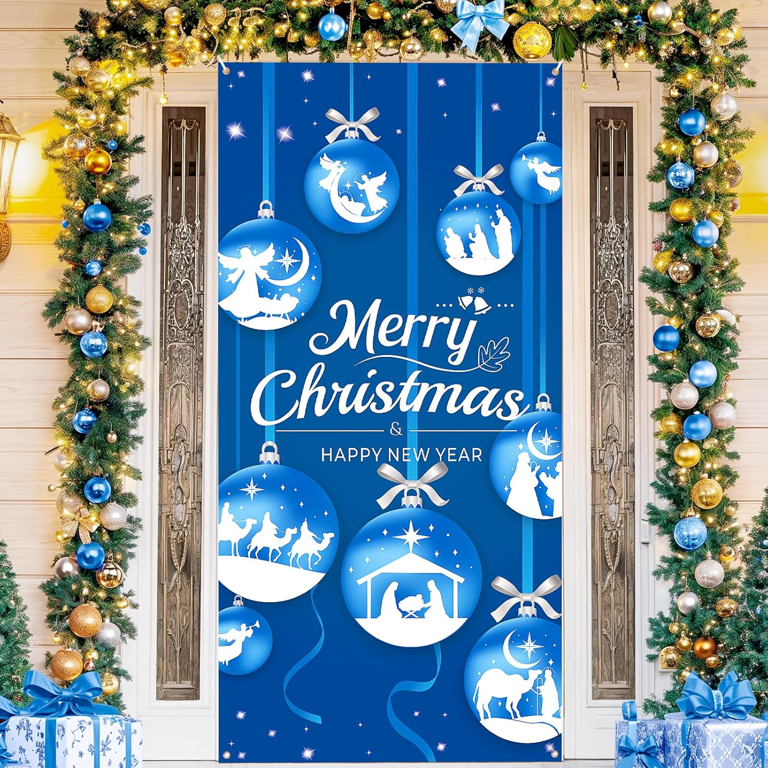 Merry Christmas Nativity Door Cover Decorations, Blue Religious Christmas Ball Door Cover Banner Holy Nativity Christmas Door Banner Happy New Year Banner For Religious Christmas New Year Party Decor