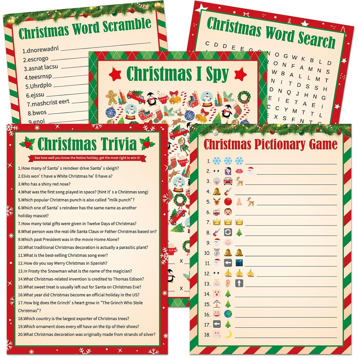 130Pcs Christmas Party Games Cards Set Xmas Trivia Pictionary Word Search Scramble Christmas I Spy Games Fun Holiday Activity For Family Friend Group Winter Xmas Holiday Party Supplies (Vintage)