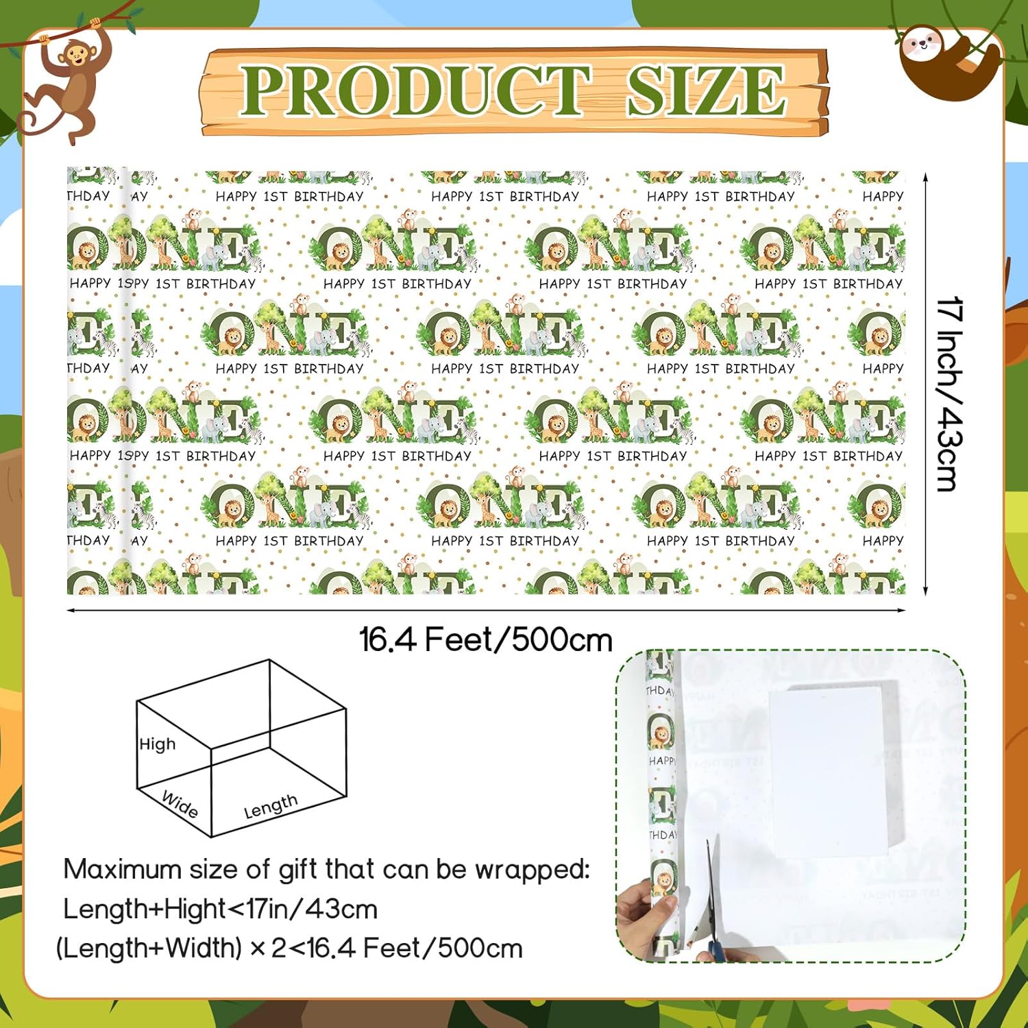 Age 1 Gift Wrapping Paper Roll Wild One 1St Birthday Wrapping Paper Jungle Animals Birthday Gift Wrap With Jungle Animals Design For Baby Shower Xmas Holiday Party Supplies, 17 Inch ×16.4 Feet