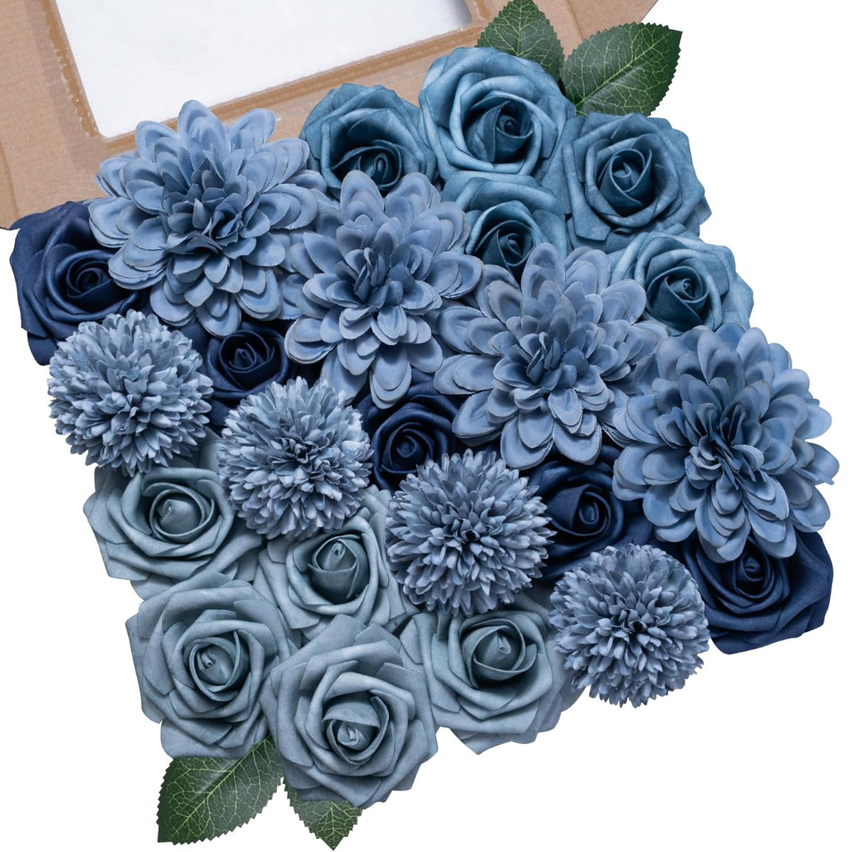 Dusty Blue Flowers Artificial Roses Combo Set Faux Blue Silk Flowers Fake Roses Mix Chrysanthemum Dahlia With Stems For Wedding Bouquets Baby Bridal Shower Party Floral Arrangements Decor