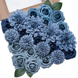 Dusty Blue Flowers Artificial Roses Combo Set Faux Blue Silk Flowers Fake Roses Mix Chrysanthemum Dahlia With Stems For Wedding Bouquets Baby Bridal Shower Party Floral Arrangements Decor