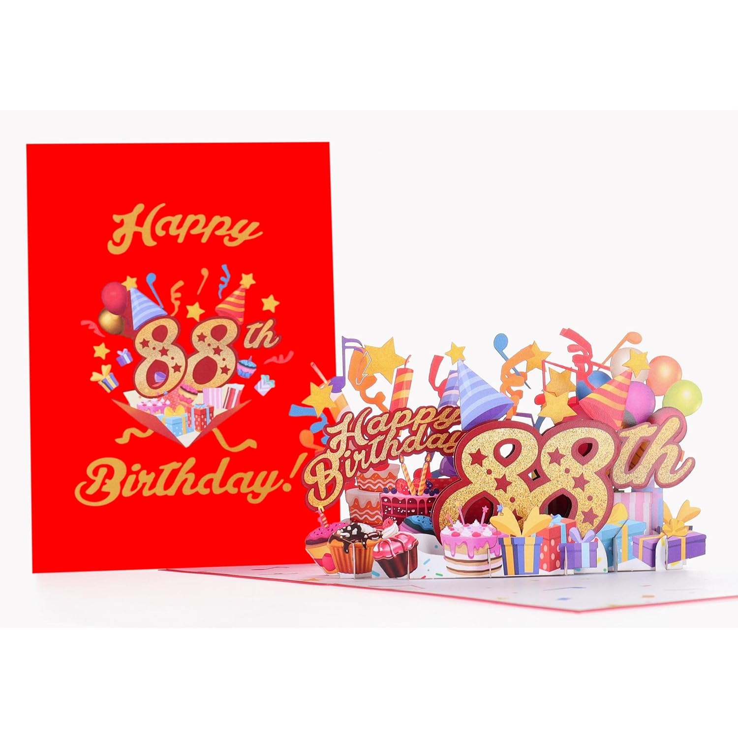 3D Pop Up Happy 88Th Birthday Card – Red Design With Glitter Numbers, Balloons, Cakes & Gifts – Unique Bday Card For Dad, Mom, Husband, Wife, Man Or Woman – 5" X 7"
