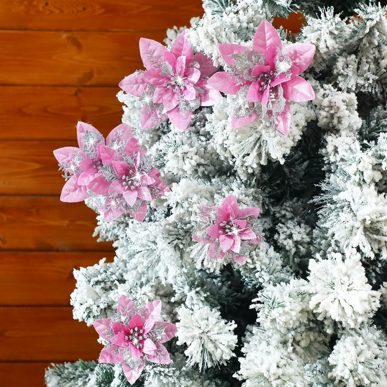 24 Christmas Glitter Artificial Poinsettia Flowers Xmas Poinsettia Artificial Wedding Flowers Decorations Xmas Tree Ornaments With Clips For Party Favors, 6 Inch, 4 Inch, 3 Inch (Pink And Silver)
