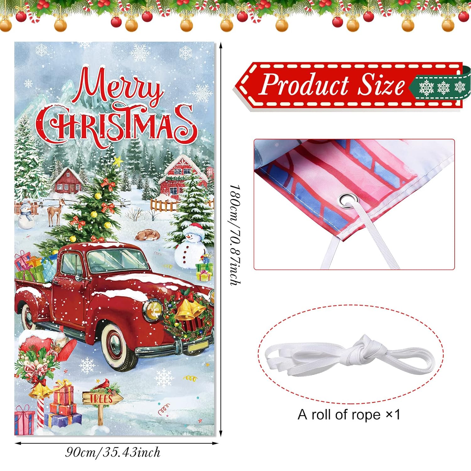 Christmas Door Covers Red Truck Xmas Cover For Door Christmas Truck Front Door Cover For Merry Christmas New Year Photography Background Party Decoration, 70.9 X 35.4 Inches