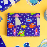 Reversible Space Wrapping Paper Roll, Mini Roll, Cartoon Outer Space, Colorful Alien & White Star Design, Blue Birthday Gift Wrap Paper For Kids Boys, Outer Space Party, 17 Inches X 16.4 Feet