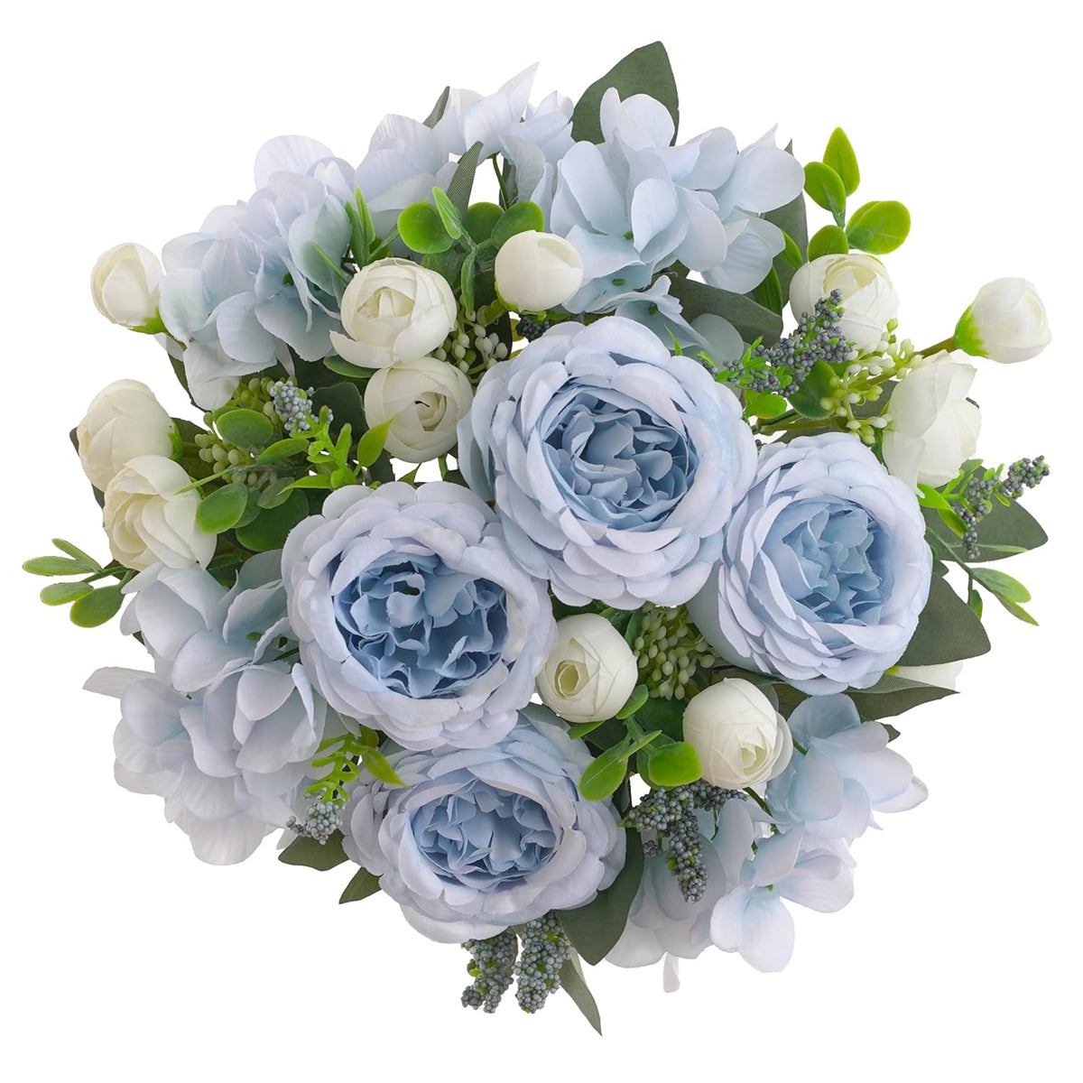 2 Bunches Artificial Peonies Flowers Small Silk Blue Peonies Fake Hydrangea Flowers Arrangements Table Centerpiece Faux Flores For Bridal Wedding Home Decor (2, Blue White)