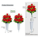 Artificial Cemetery Flowers,2 Sets Artificial Rose Flowers With Vase,Memorial Flowers Bouquet For Cemetery,Outdoor Grave Headstones Decoration(Red)