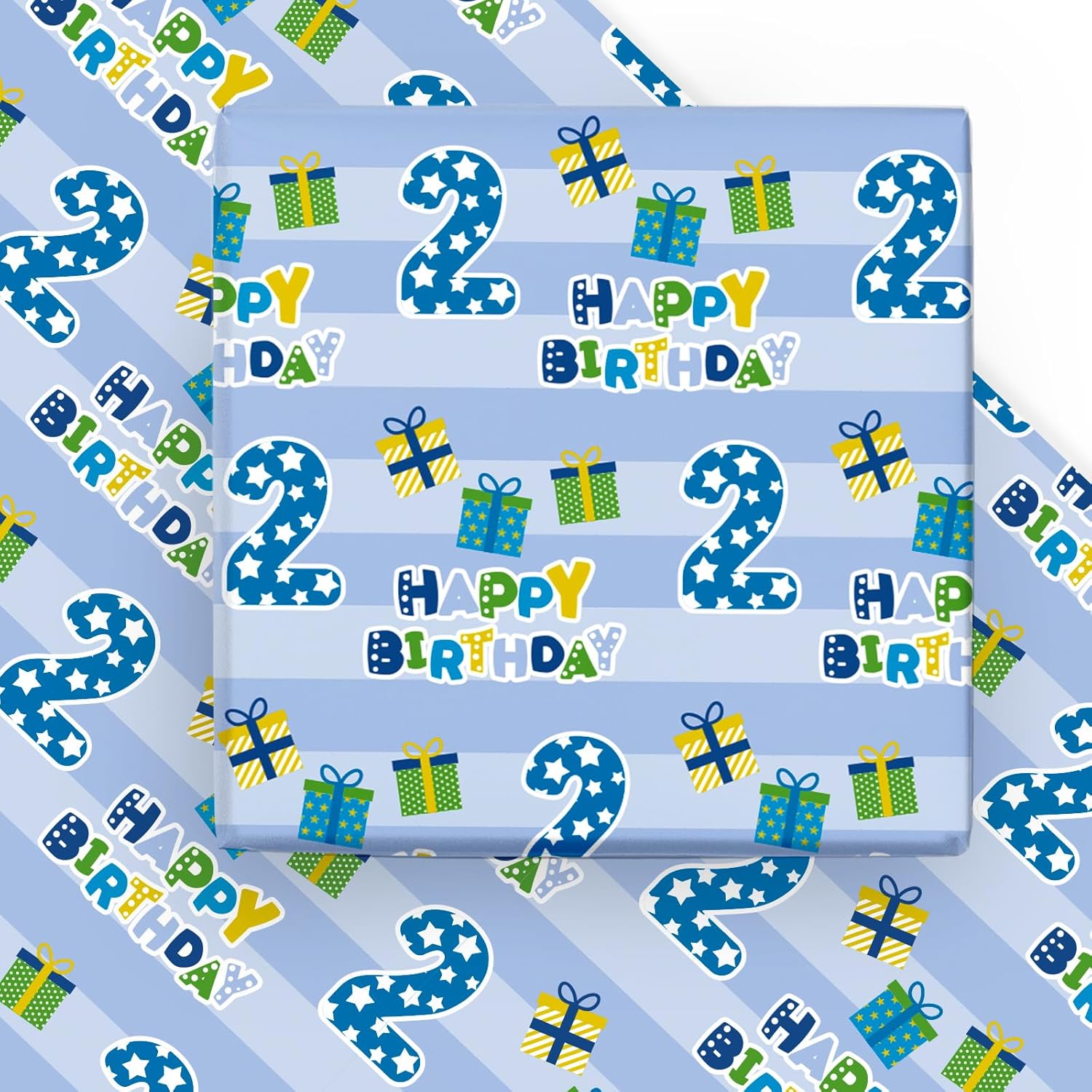 2Nd Birthday Wrapping Paper Sheet - 6 Sheets Blue Happy Birthday With Gift Box Design Folded Flat For Bday, Party, Baby Showers - 19.7 Inch X 27.5 Inch Per Sheet