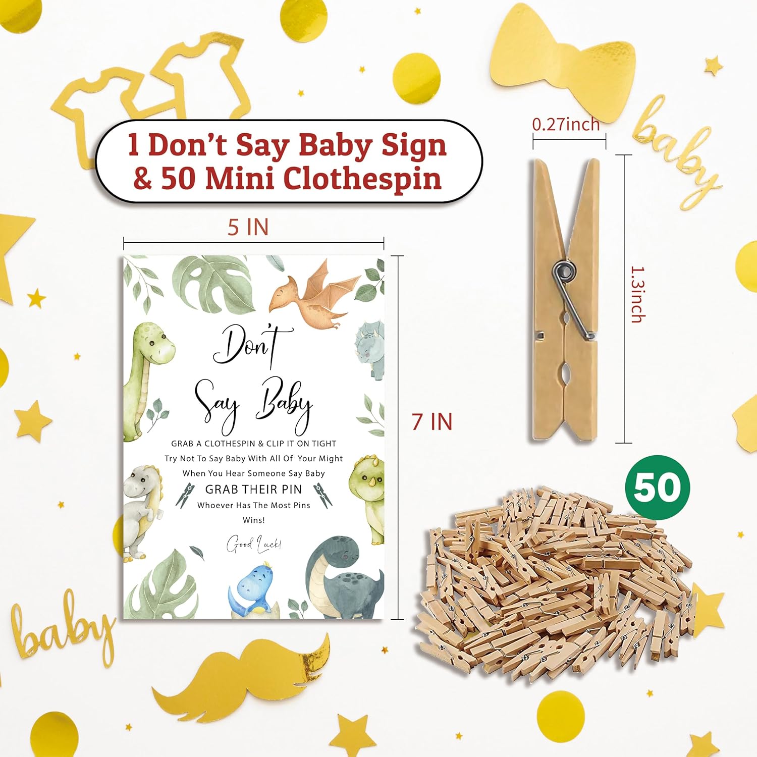 Don'T Say Baby Game For Baby Shower, 50 Wooden Clothespins And One Sign, Cartoon Dinosaur Theme, Pins For Baby Shower Decorations, Gender Reveal Games, Baby Shower Supplies-Bb27