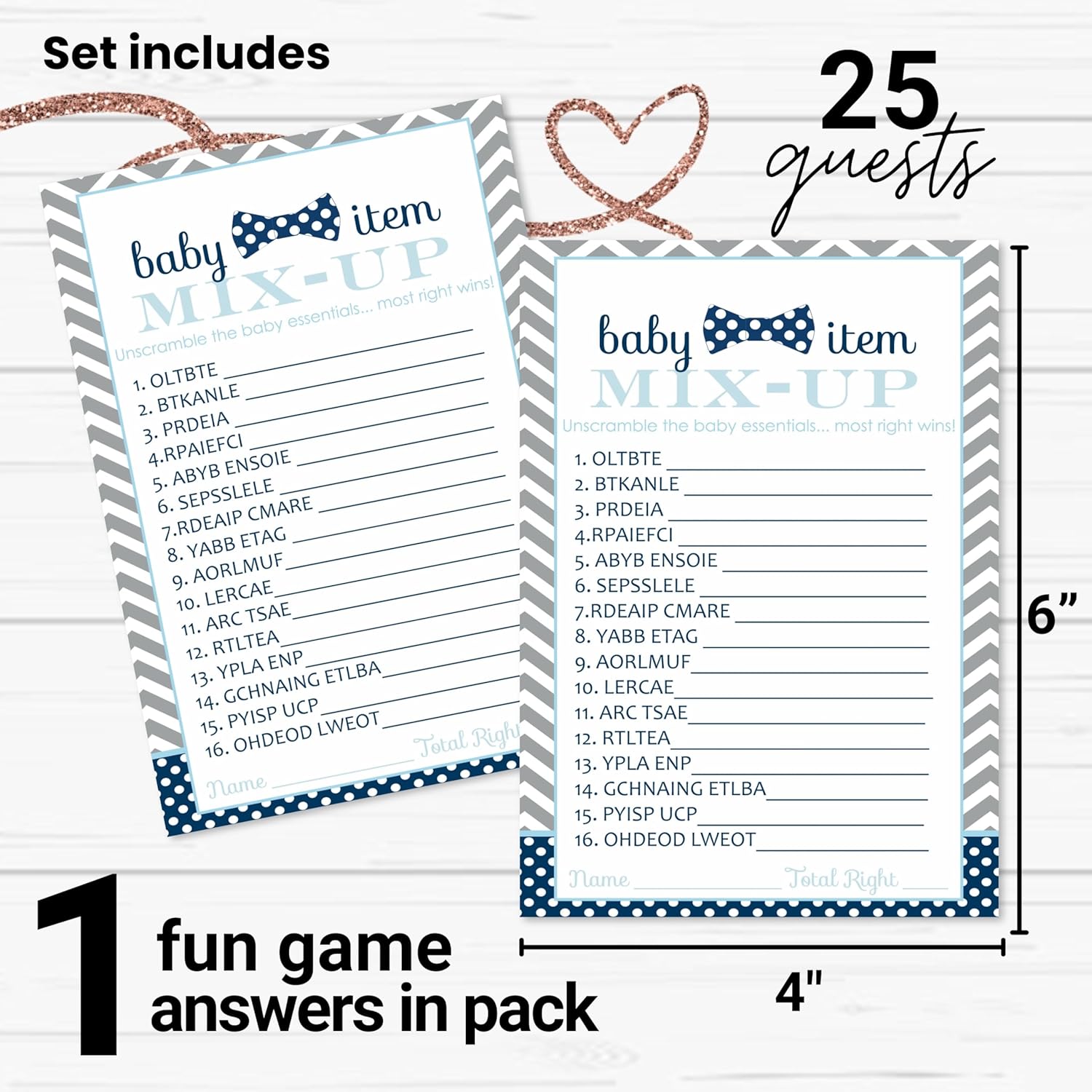 Bow Tie Baby Shower Word Scramble Game - 25 Pack - Fun Baby Boy Shower Games - Little Man Party Designs - Unique Icebreaker & Decor Ideas