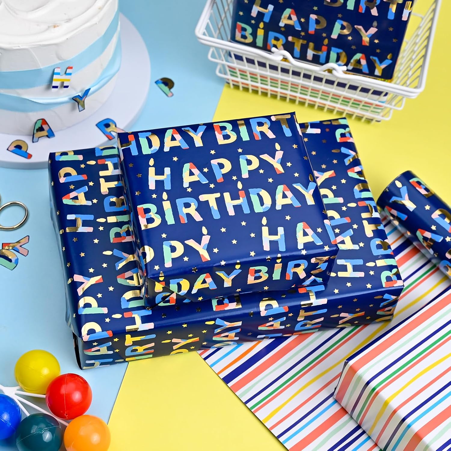 Blue Birthday Wrapping Paper Roll Reversible-Metallic Foil Colorful Birthday Lettering On Navy Blue Gift Wrapping Paper For Boys Girls Birthday,Baby Shower, Party(17 In X 32.8 Ft)