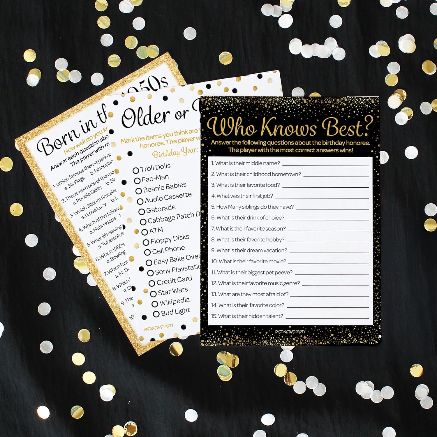 Black And Gold 70Th Birthday Game Bundle - Set Of 3 Birthday Party Games For 20 Guests, Born In The 1950S Theme