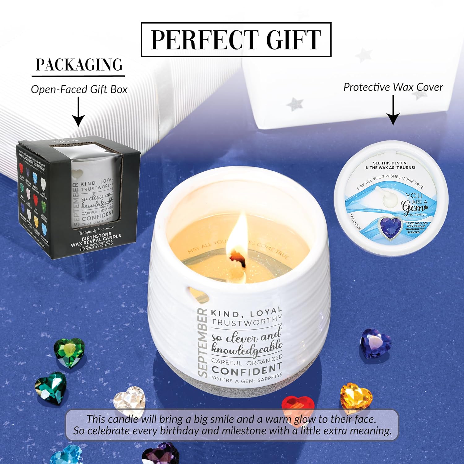 Pavilion - 11 oz Wax Reveal Candle, Natural Soy Wax Birthstone Candle, Jasmine Scented, Gemstone Candle with Crystal Inside, Birthday Gifts for Women, 1 Count (September)