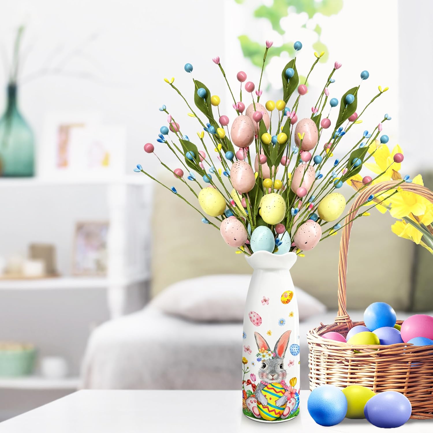 Easter Decor, Easter Artificial Flowers 3 Pcs With Vase, Bunny Table Decorations, Spring Tabletop Centerpiece For Home, Living Room, Dining Table, Eggs Spring Flowers Gifts For Women