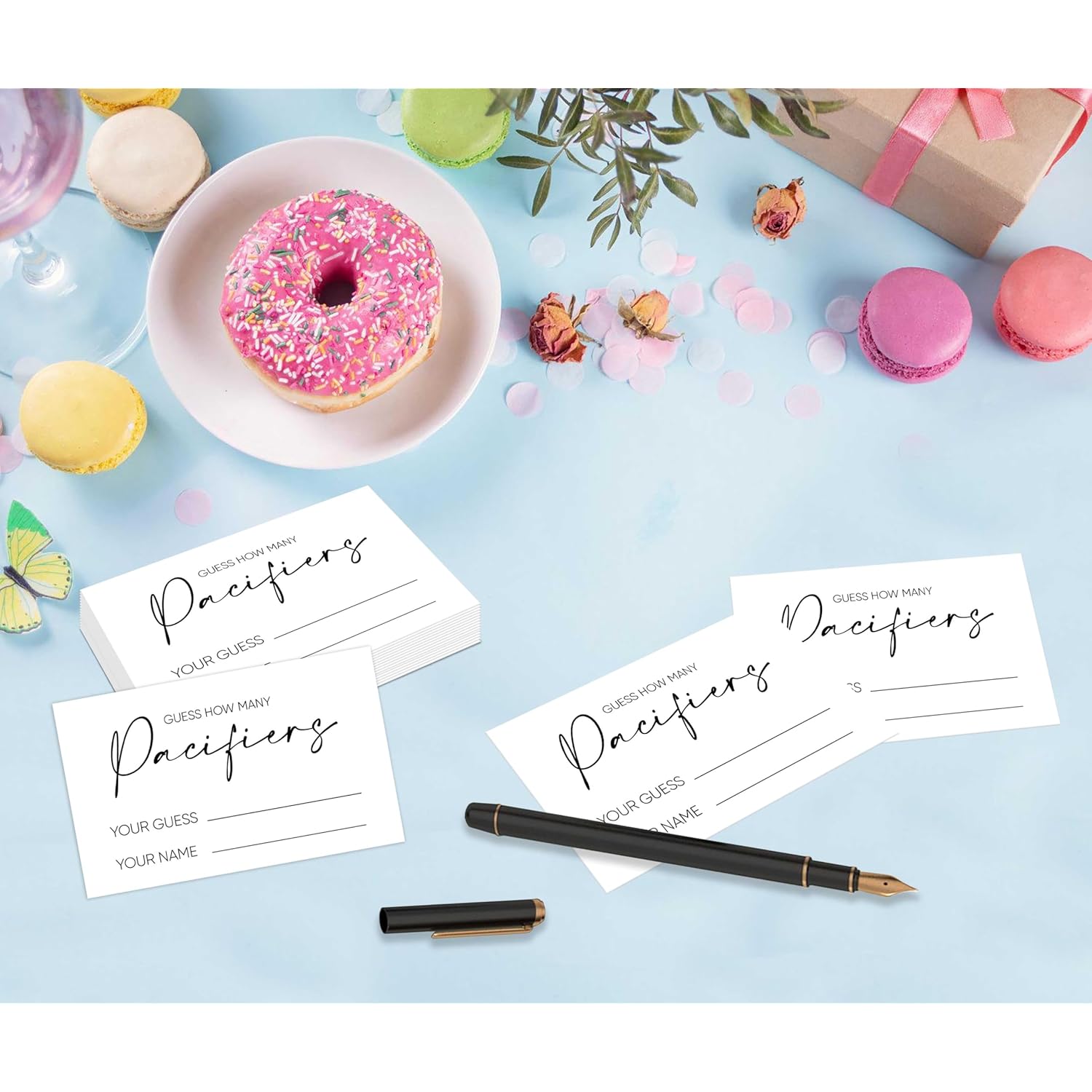 Guess How Many Pacifier Baby Shower Game, Baby Shower Decorations, 50 Guess How Many Game Cards & 1 Standing Sign, Guessing Games For Gender Reveal Party & More, 14
