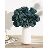 10Pcs Fake Roses Artificial Silk Flowers Faux Rose Flower Long Stems Bouquet For Arrangement Wedding Centerpiece Party Home Kitchen Decor(Peacock Blue)