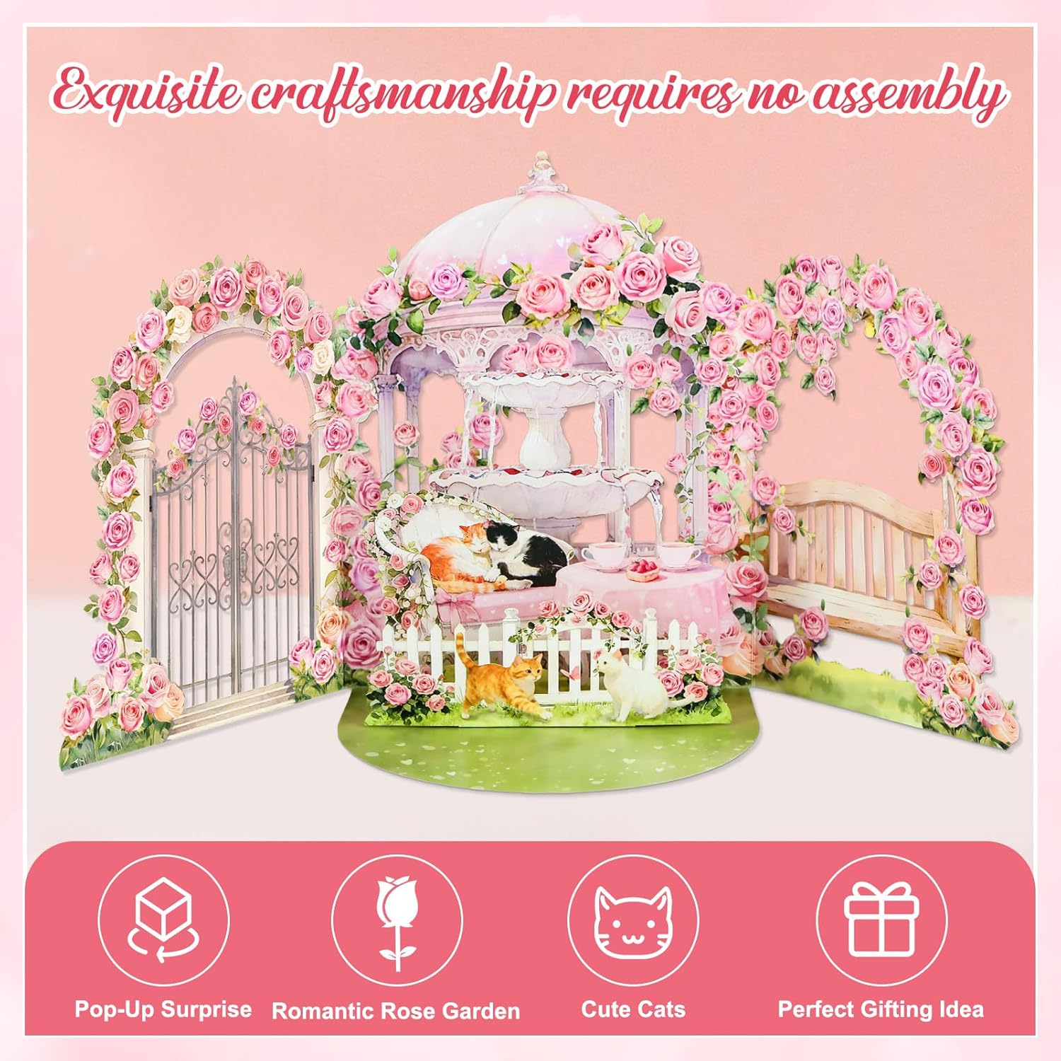 Pop Up Cat Valentines Card - Kittens In Romantic Rose Garden 3D Valentines Day Card For Her, Wife, Girlfriend Cat Lovers, Handmade Gift For Anniversary Valentine’S Day