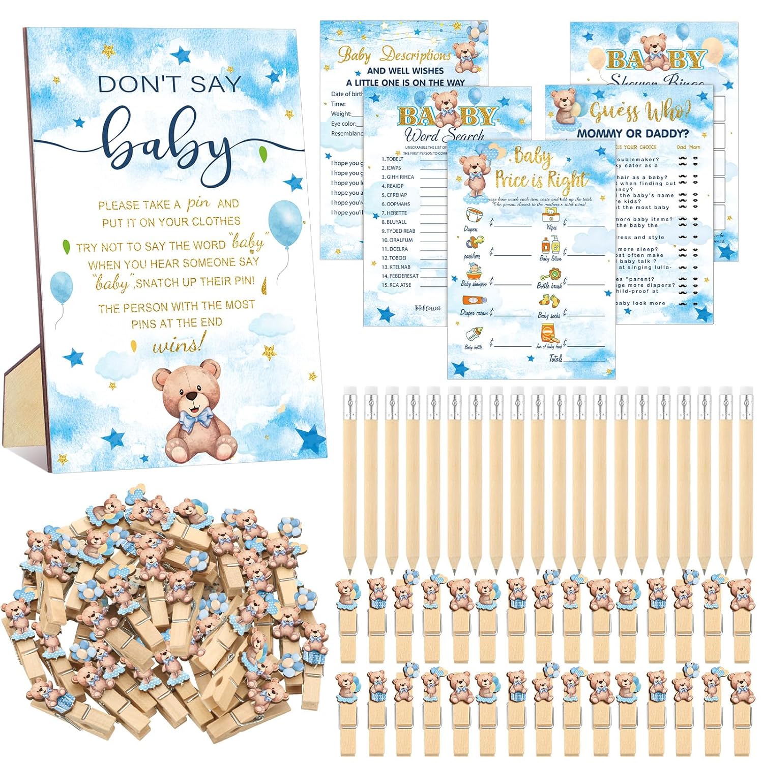 321 Blue Theme Bear Baby Shower Decorations Games Bearly Wait Baby Shower Games Wooden Don'T Say Sign Blue Theme Bear Themed Bearly Wait Gender Reveal Birthday Party Decorations Supplies