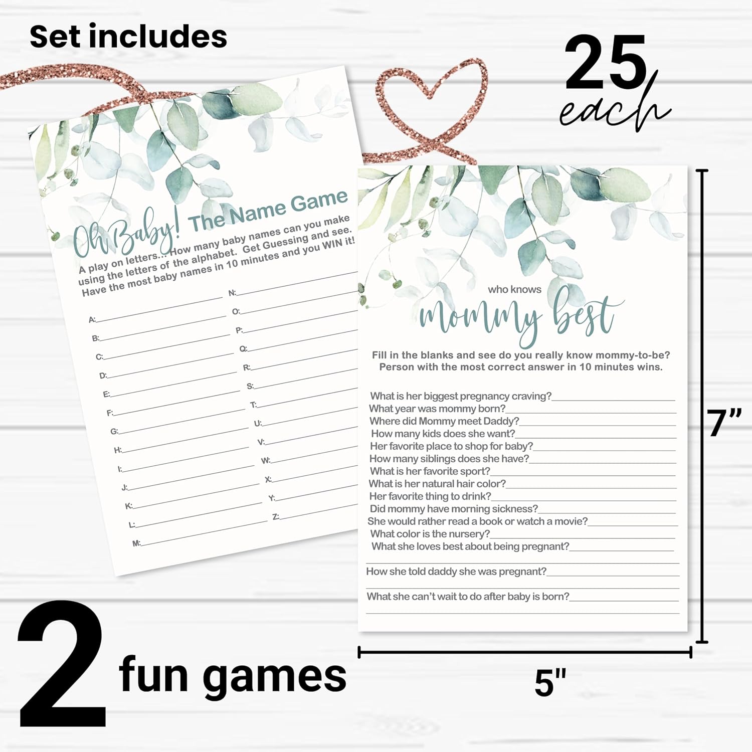 Greenery Baby Shower Games - 25 Each - Baby Name Race & Who Knows Mommy Best - Fun Baby Shower Game Pack - Tropical Favors & Decor Ideas - Two-Sided Designs