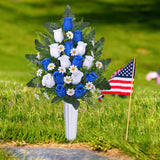 2 Sets Artificial Cemetery Flowers For Grave, Realistic Grave Flowers Memorial Flower Uv Resistant Silk Rose Flower With Vase For Cemetery Decorations (Blue, White)
