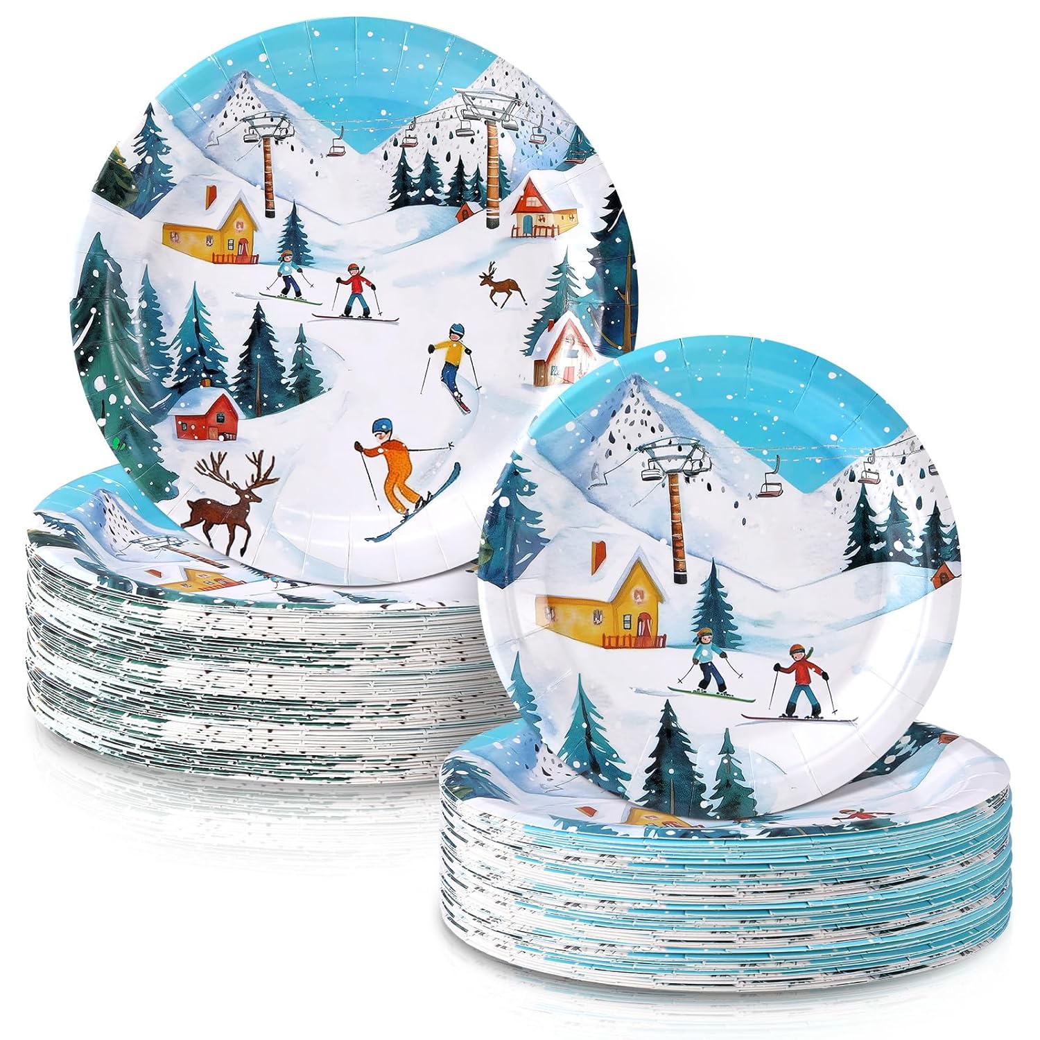 48 Pcs Skiing Paper Plates Set Ski Birthday Party Decorations Include 9" 7" Winter Wonderland Ski Disposable Plates Skier Snow Decorative Dinner Tableware For Christmas Party Supplies
