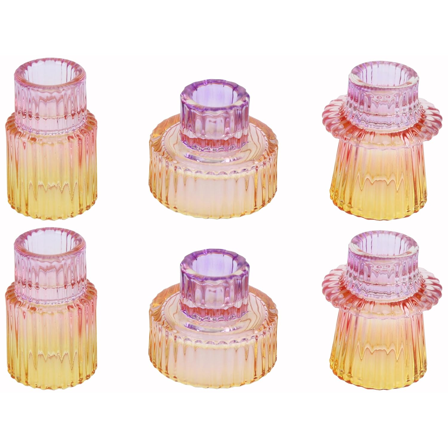 Taper Glass Candlestick Holders Tealight Candle Holders For Table Centerpieces, Wedding Decor And Dinner Party (6 Pcs, Purple-Pink-Yellow)