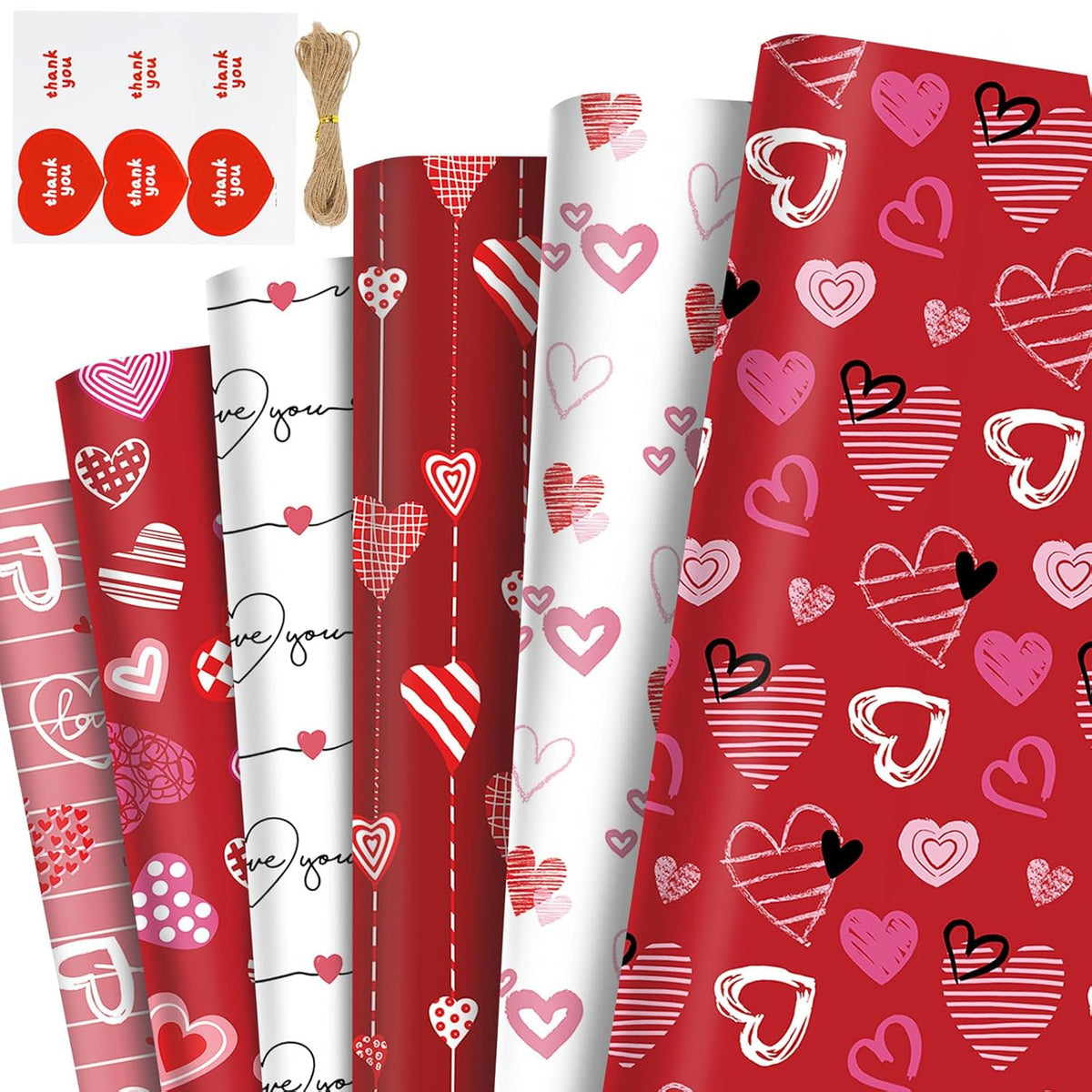 12 Sheets Love Wrapping Paper, Red White Heart Wrapping Paper, Gift Wrap Papers With Jute Twine Sticker For Anniversary Wedding Birthday Party Baby Shower Christmas Diy Crafts Gift Packing, 20 X 27 Inch