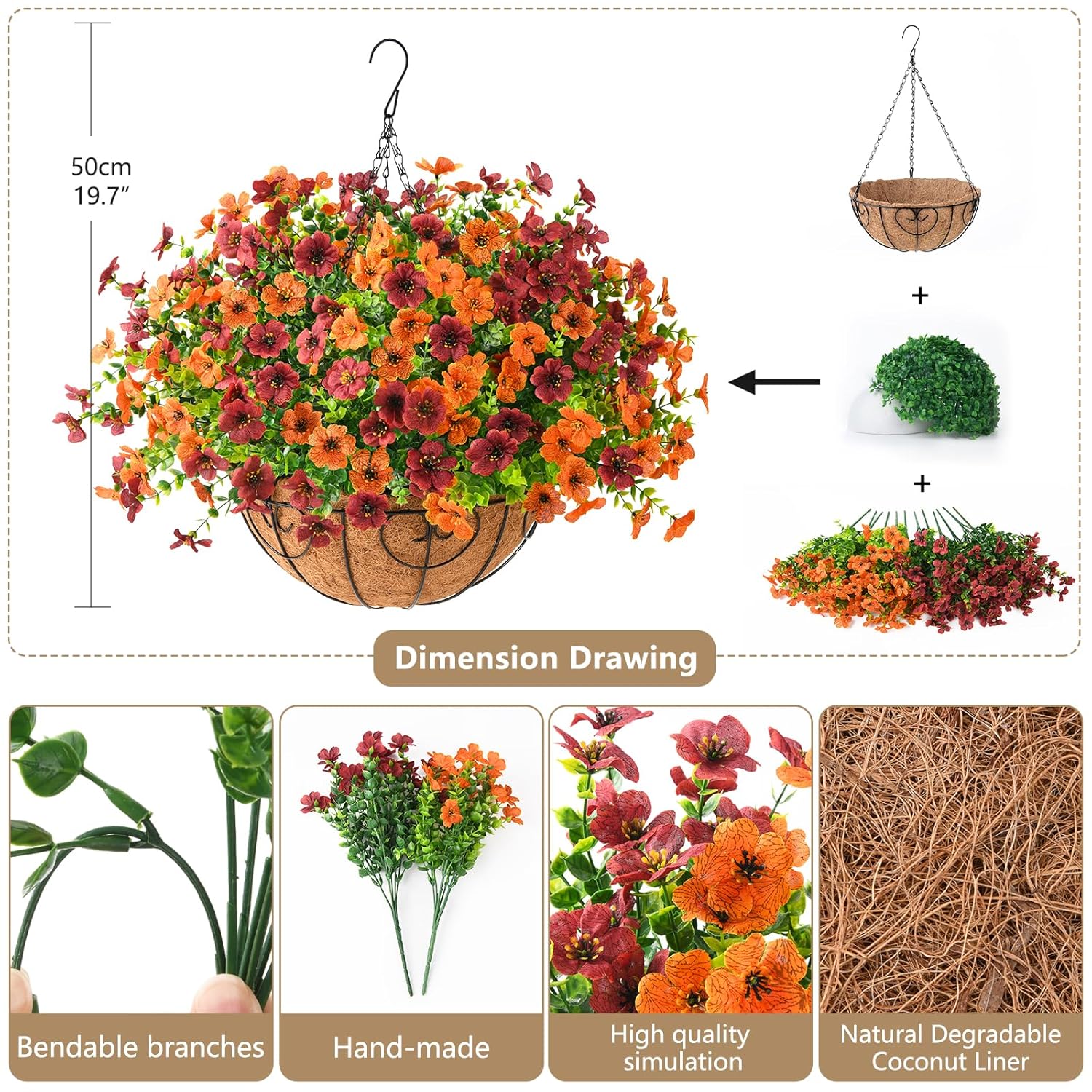 Artificial Fake Hanging Plants Flowers Basket, Faux Silk Daisy In Planter Realistic Uv Resistant For Outside Home Patio Balcony Yard Mums Autumn Outdoor Decoration (Orange Brown)