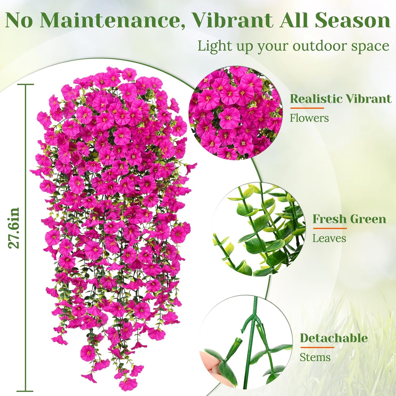 4 Pcs Look Real Artificial Flowers For Outdoors, Realistic Artificial Hanging Flowers For Outdoors, Uv Resistant Fake Hanging Plants Silk Petunia Faux Flowers For Porch Patio, Fuchsia