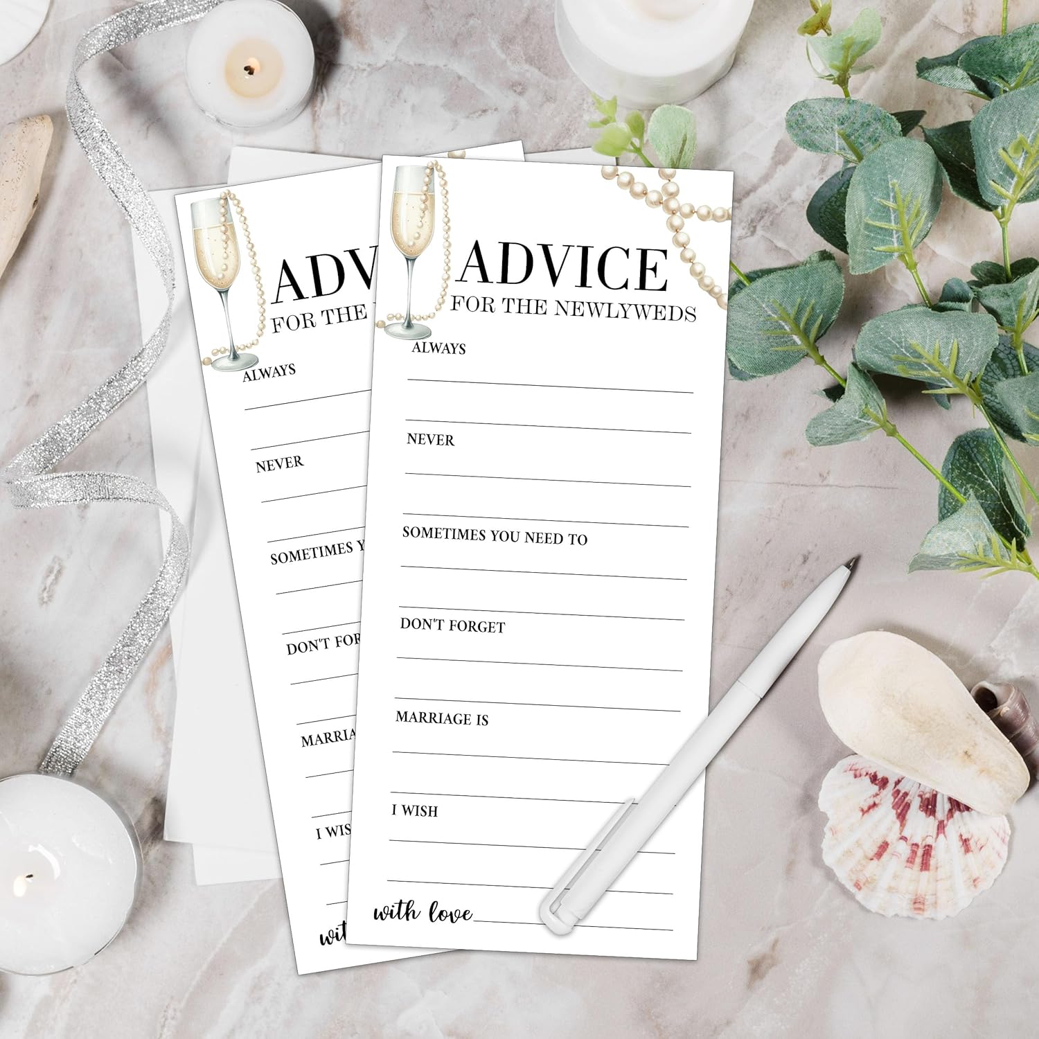 Wedding Shower Games Cards, Advice Cards For The New Couples Mr And Mrs, 25 Pcs Pearls And Champagne Bridal Wedding Activities Game For Guests, Bridal Shower Party Decorations, 4X9 Inch-C09
