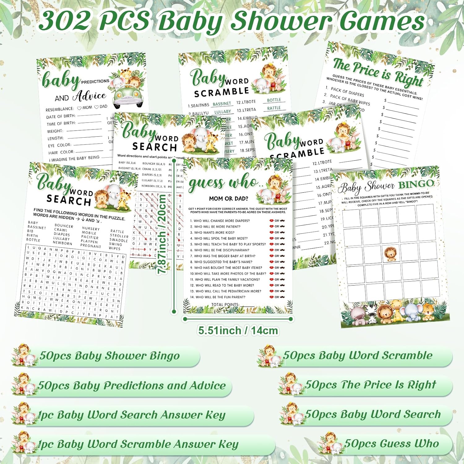 302 Pcs Safari Animal Theme Baby Shower Games, 6 Games, 50 Sheets Each, Shower Party, Word Scramble, Baby Word Search, Predictions And Advice, The Price Is Right
