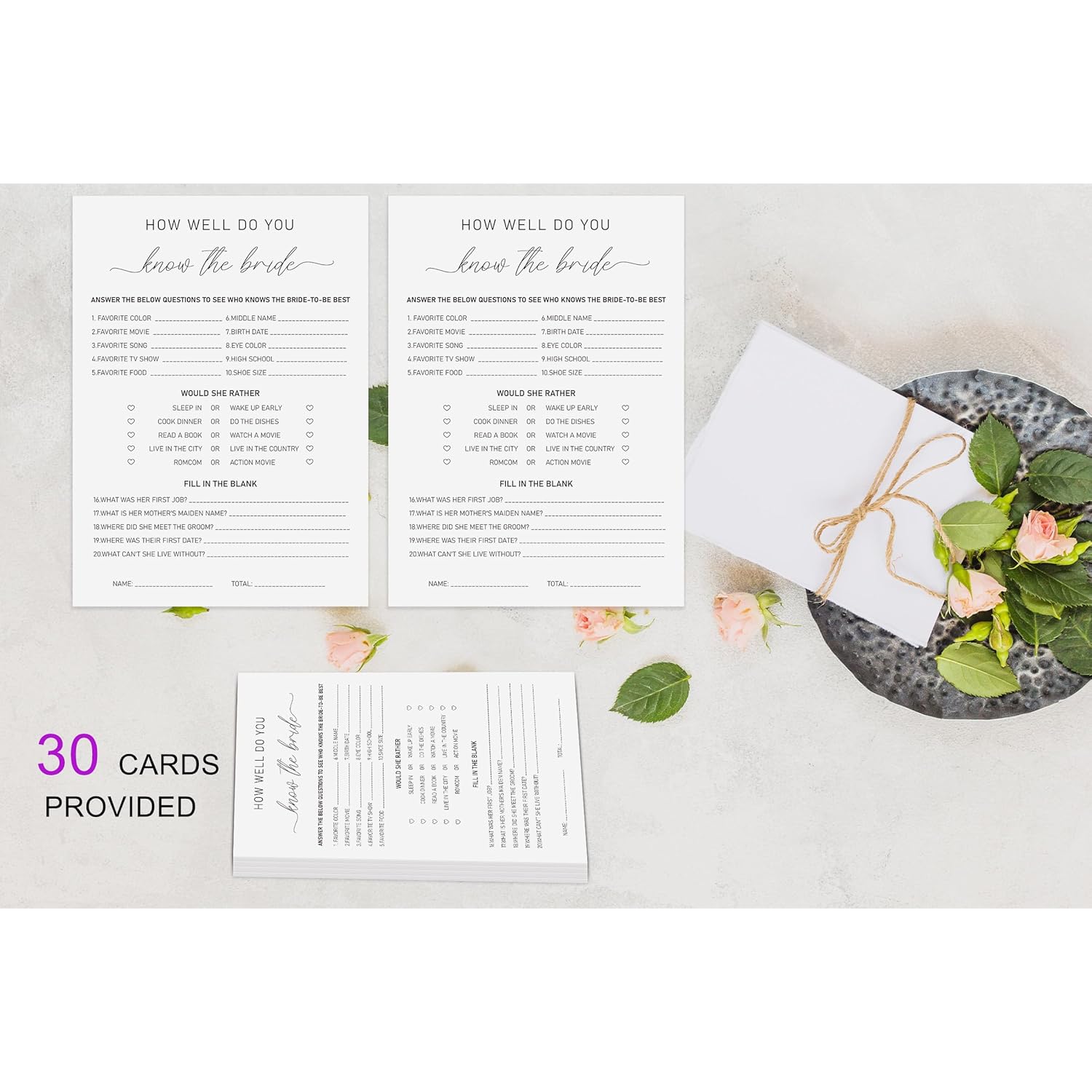 How Well Do You Know The Bride Game, Bridal Shower Questionnaire Cards, Who Knows The Bride Best, Minimalist Wedding Game, Bridal Shower Games, Bachelorette Party Games -Wktb01