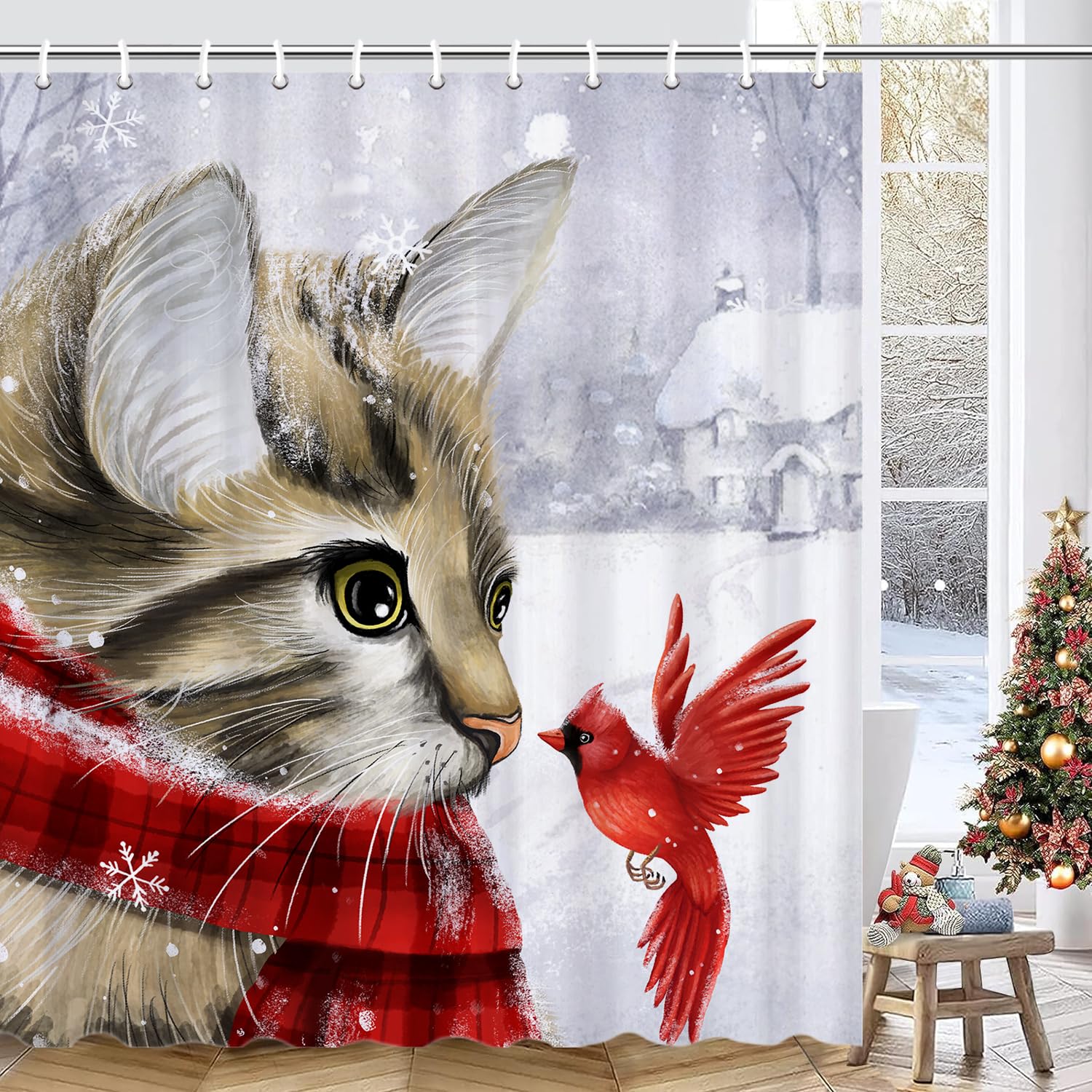 Winter Cat Shower Curtains For Bathroom, Waterproof Merry Christmas Shower Curtain Set With 12 Hooks, 72X72