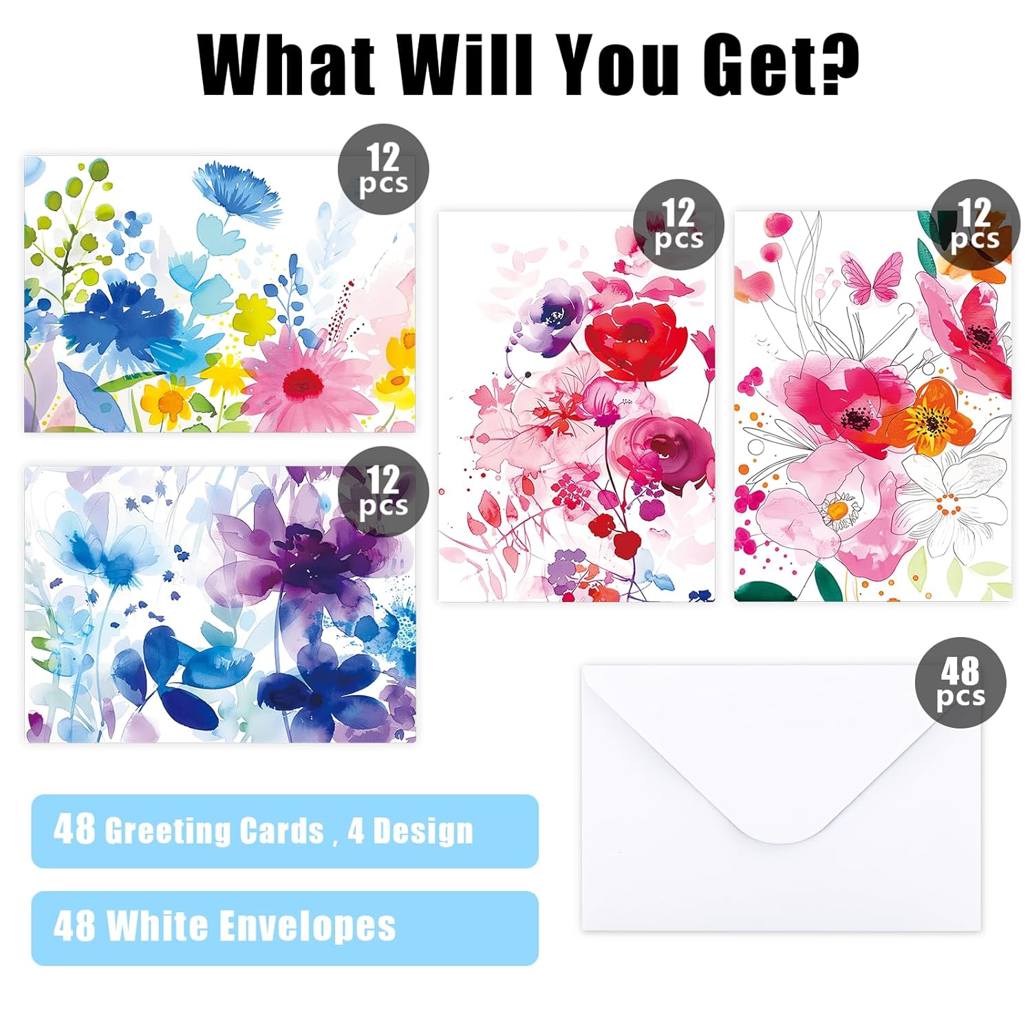 48 Pack Blank Cards And Envelopes, Watercolor Flowers Blank Greeting Cards, Blank Cards For All Occasion