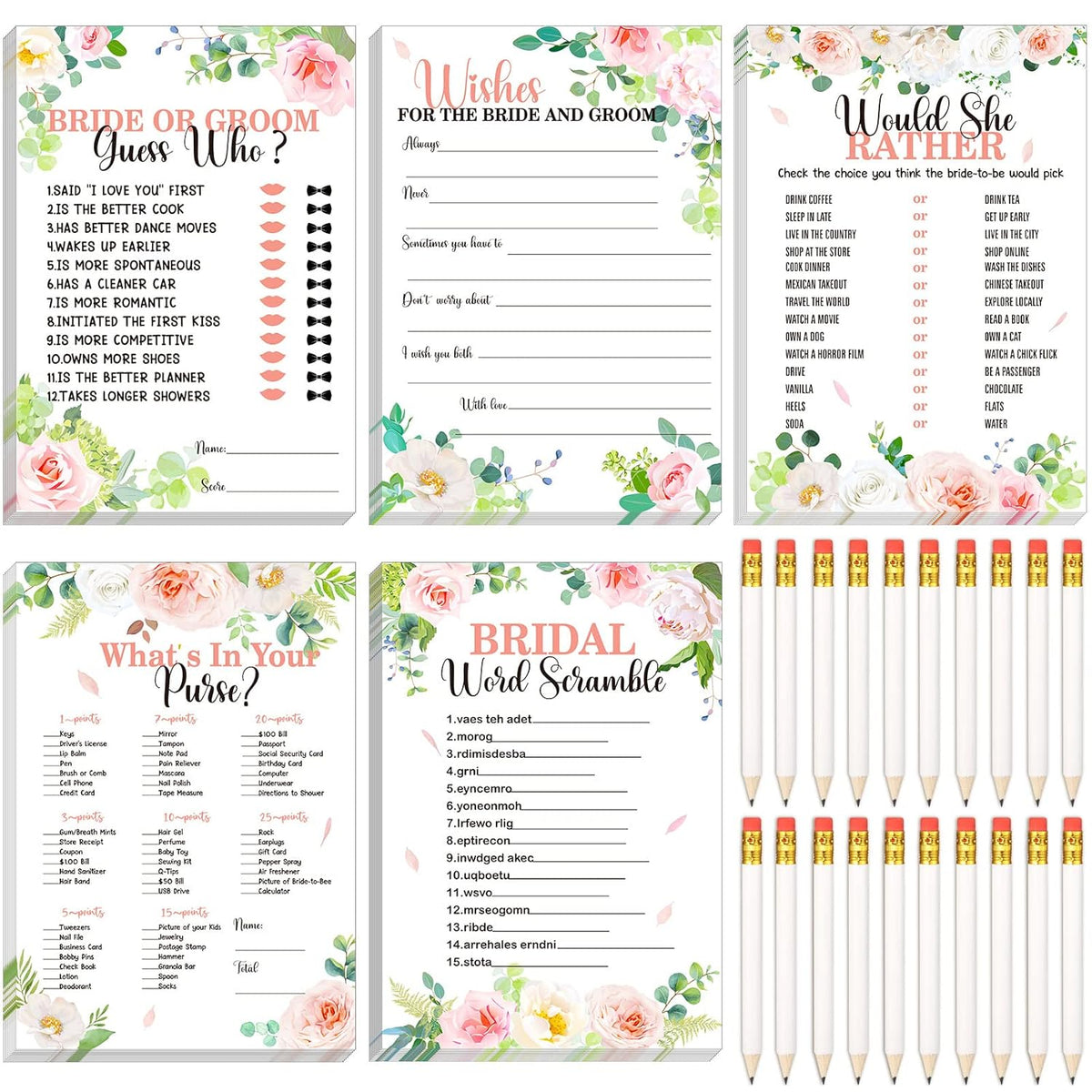 220 Pcs Floral Bridal Shower Game Set For 40 Guests Wedding Games Cards And Pencils Floral Bridal Supplies 5 Activity Accessories Gifts For Bride Groom Bachelorette Wedding Party Favors