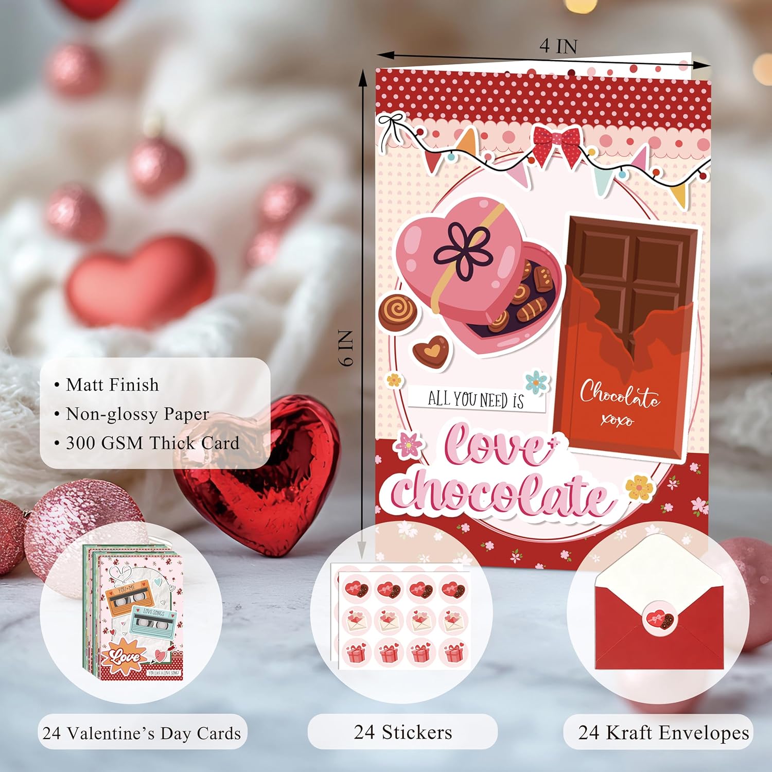 24 Pack Cute Valentine'S Day Cards With Envelopes And Stickers, Boxed Valentine Cards For Couples, Friends, Family, Kids, 8 Assorted Designs, 4X6 Inch