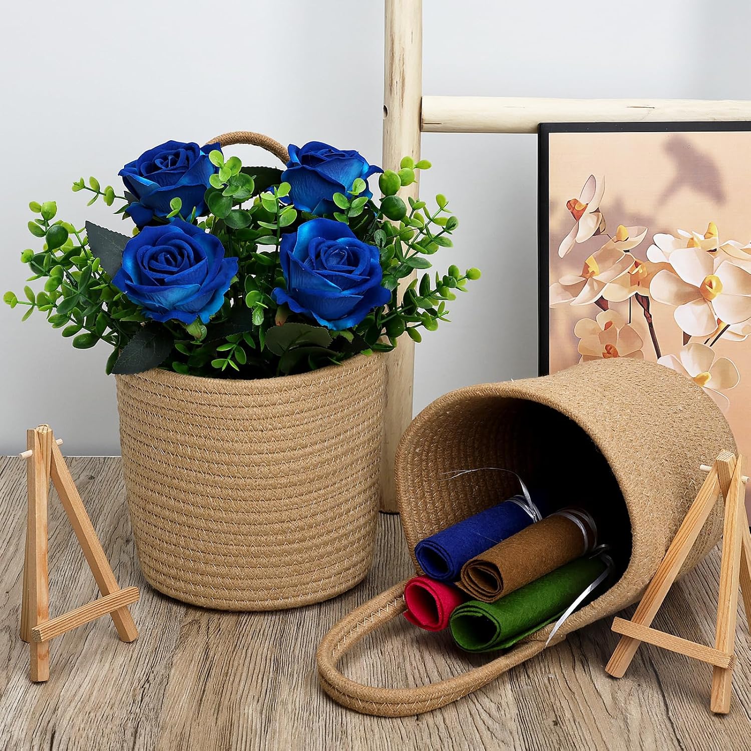2 Pack Wall Hanging Rope Basket With Artificial Roses Eucalyptus Farmhouse Decor, Artificial Flowers With Jute Basket For Entryway Kitchen Bedroom Living Room Home Decorations - Royal Blue