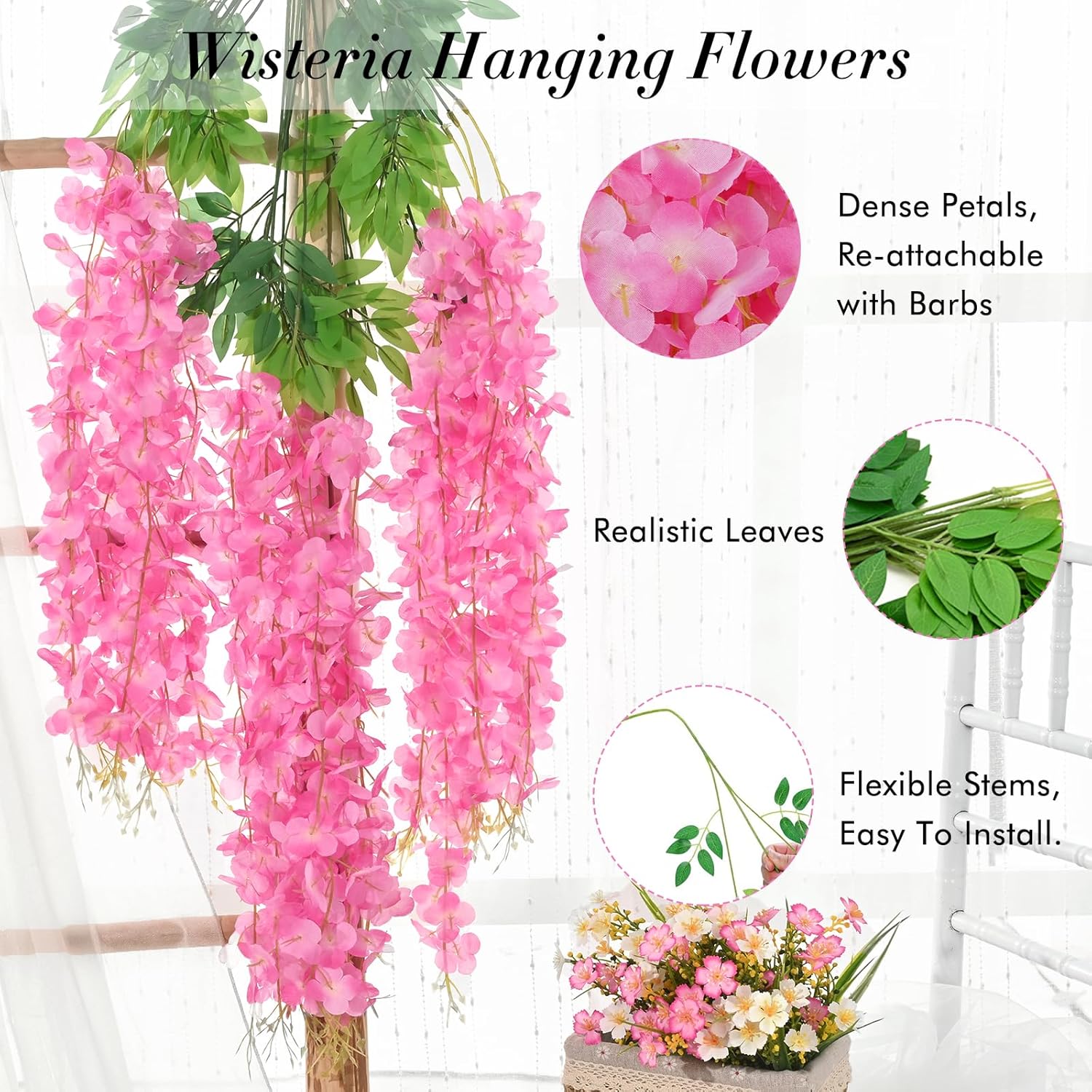 40 Pack Wisteria Hanging Flowers,Hanging Flowers,Fake Wisteria, Hanging Flowers For Decoration,Artificial Flowers,Vines For Bedroom, Wisteria For Wedding Decorations For Home Party(3.6 Ft/Pcs, Pink)
