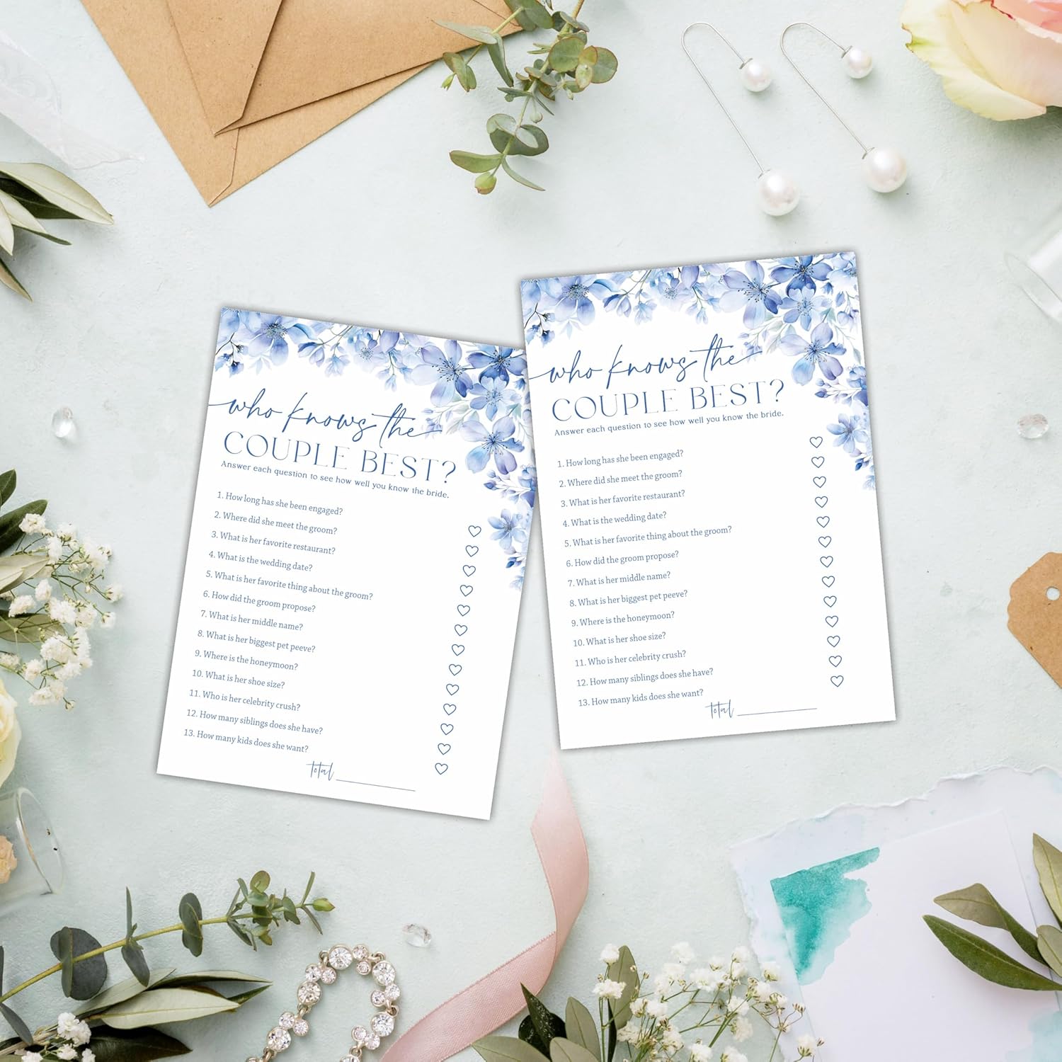 Who Knows The Couple Best Bridal Shower Game - Blue Floral - 30 Pcs Double-Sided Fill-In Wedding Game Cards For Newlyweds, Engagement Party Activities & Decorations -A05