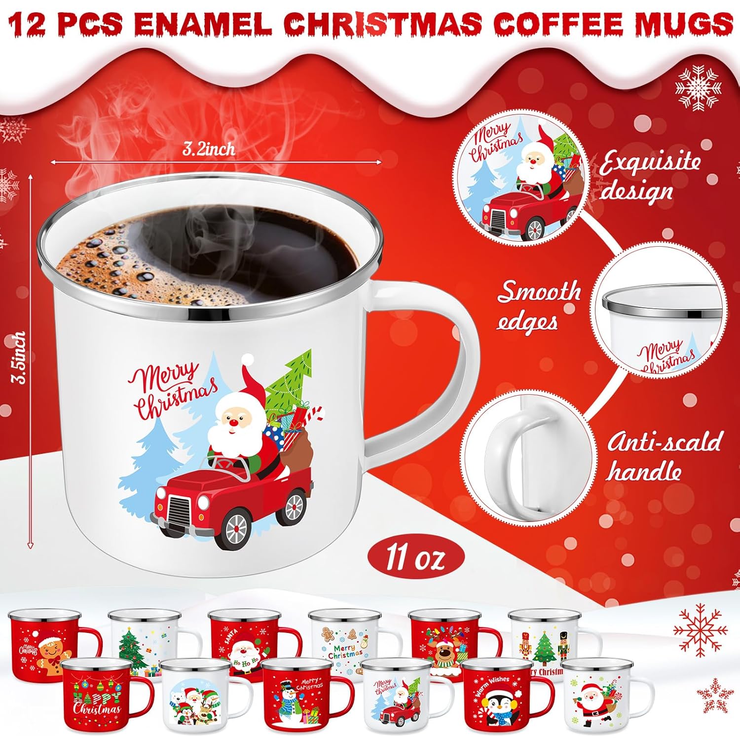 12 Pcs 11 Oz Christmas Coffee Mug Small Enamel Merry Christmas Cups Seasonal Santa Snowman Mug Holiday Coffee Tea Cups Coworkers Gifts Stocking Stuffer