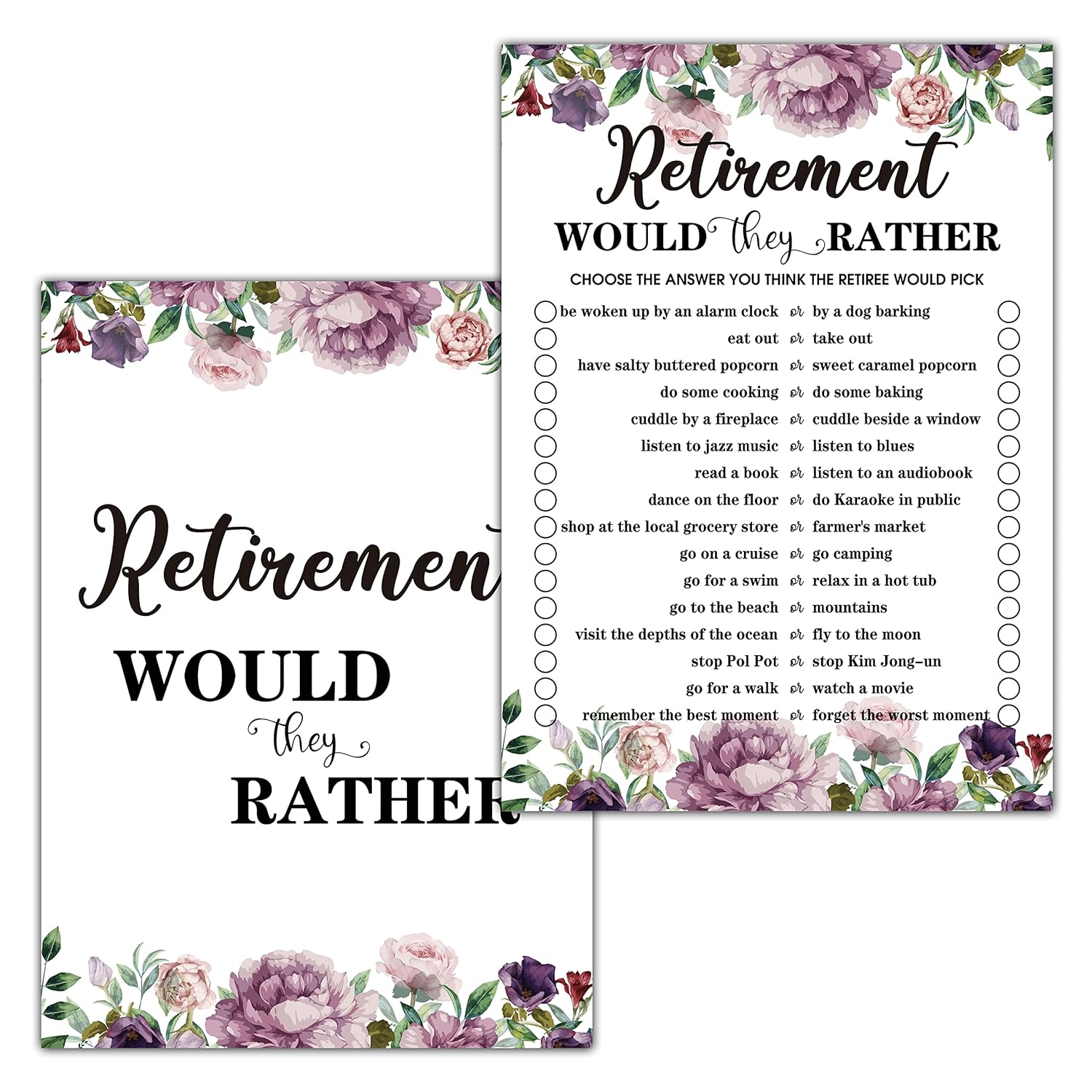 Retirement Party Games, Would They Rather Co-Worker Retirement Party Game Card, Purple Floral Retirement Party Ideas Activities Supplies Decorations(30 Game Cards) - B04