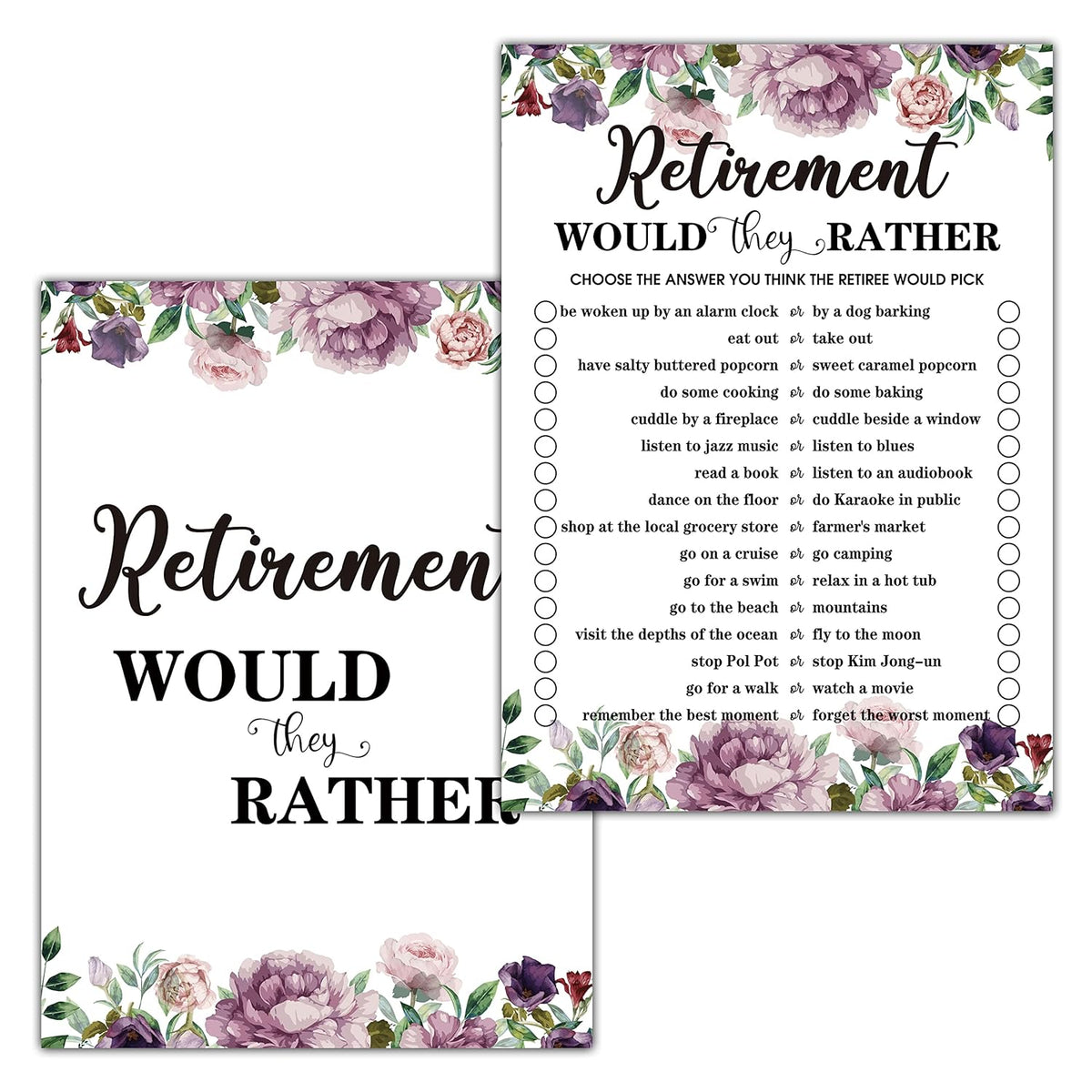 Retirement Party Games, Would They Rather Co-Worker Retirement Party Game Card, Purple Floral Retirement Party Ideas Activities Supplies Decorations(30 Game Cards) - B04