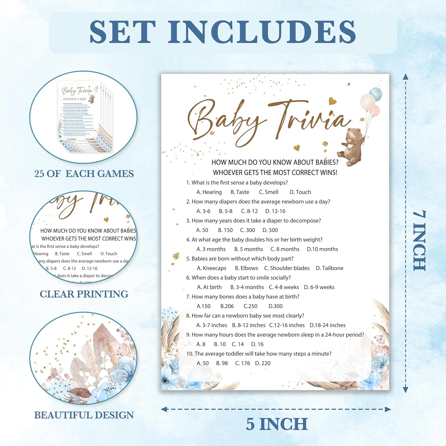 Baby Shower Games, Baby Trivia Games, Bear Themed Blue Baby Shower Games Card For 25 Players, Gender Neutral Party Ideas Favors, Baby Shower Boys Party Decorations Supplies-A07