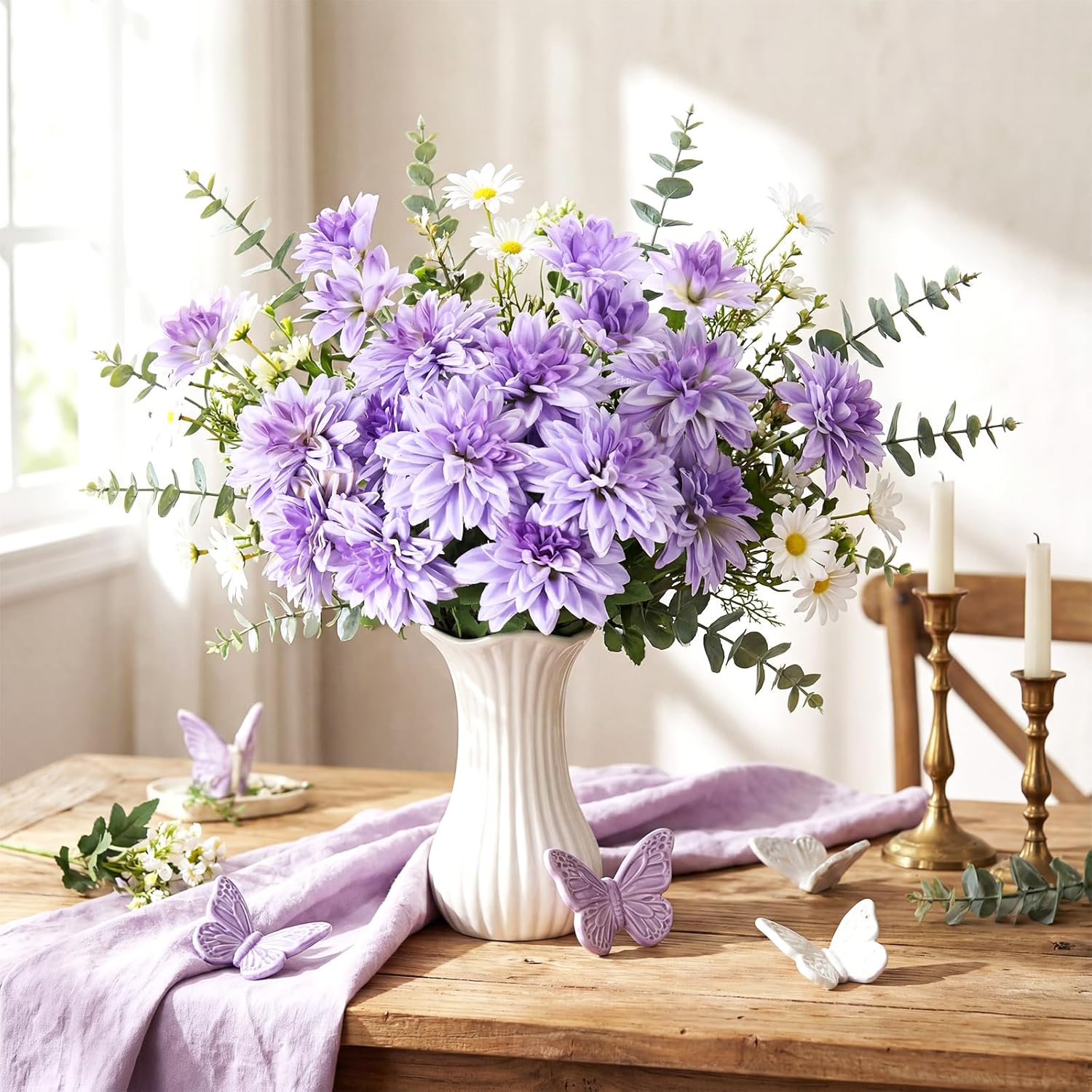 6 Pcs 18 Heads Artificial Dahlia Flowers 16.54" Large Fake Dahlias With Stems Real Looking Ivory For Diy Wedding Bouquets Bridal Shower Centerpieces Floral Arrangement Home Decor(Light Purple)
